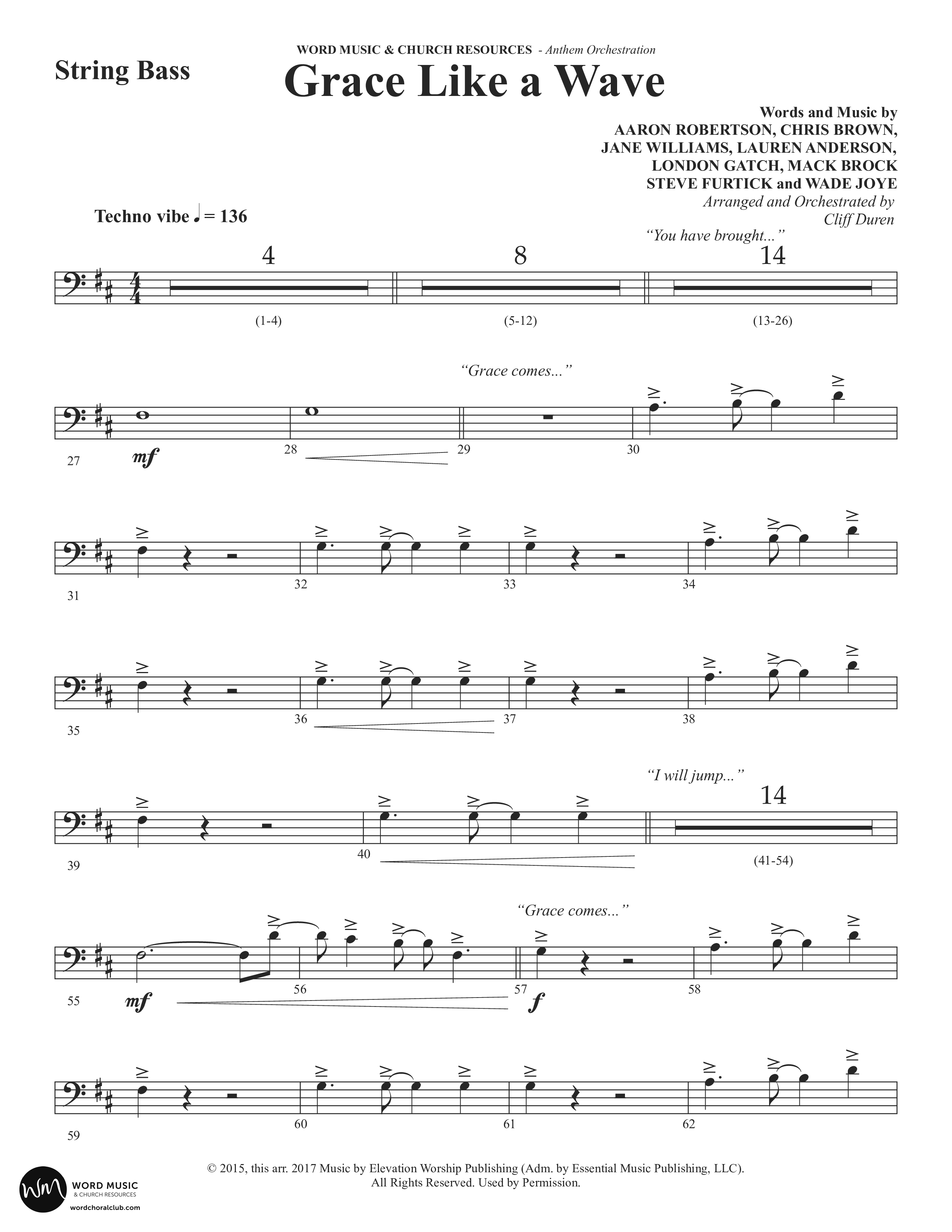 Grace Like A Wave (Choral Anthem SATB) String Bass (Word Music Choral / Arr. Cliff Duren)