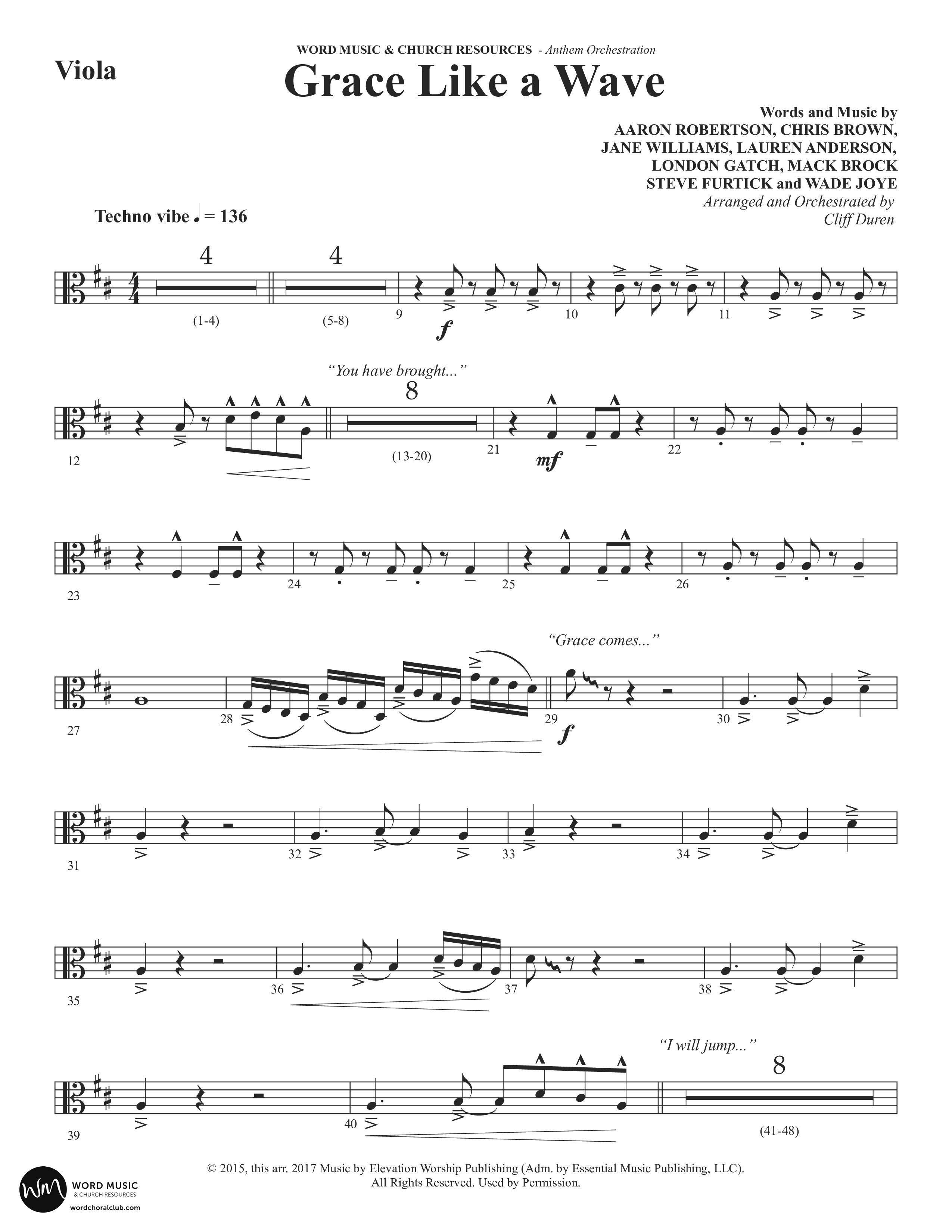 Grace Like A Wave (Choral Anthem SATB) Viola (Word Music Choral / Arr. Cliff Duren)