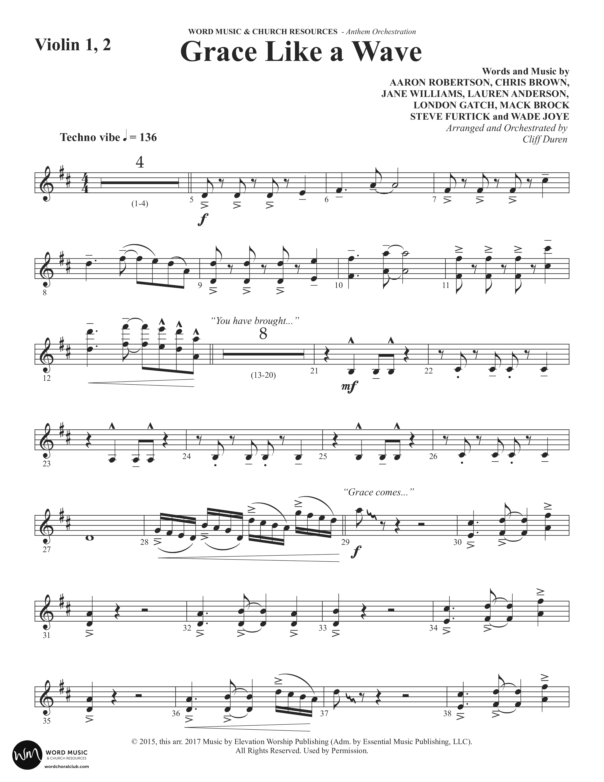 Grace Like A Wave (Choral Anthem SATB) Violin 1/2 (Word Music Choral / Arr. Cliff Duren)