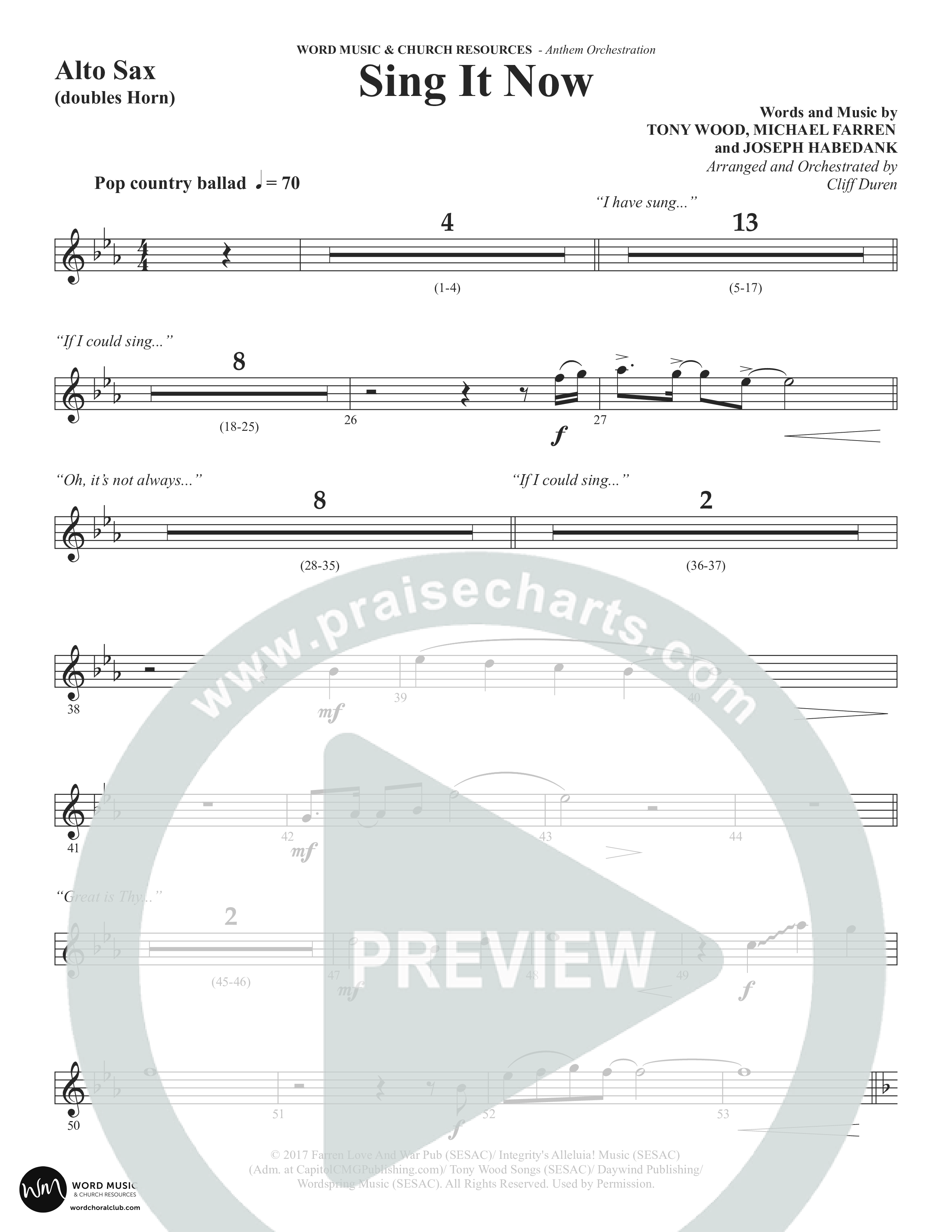 Sing It Now (Choral Anthem SATB) Alto Sax (Word Music Choral / Orch. Cliff Duren)