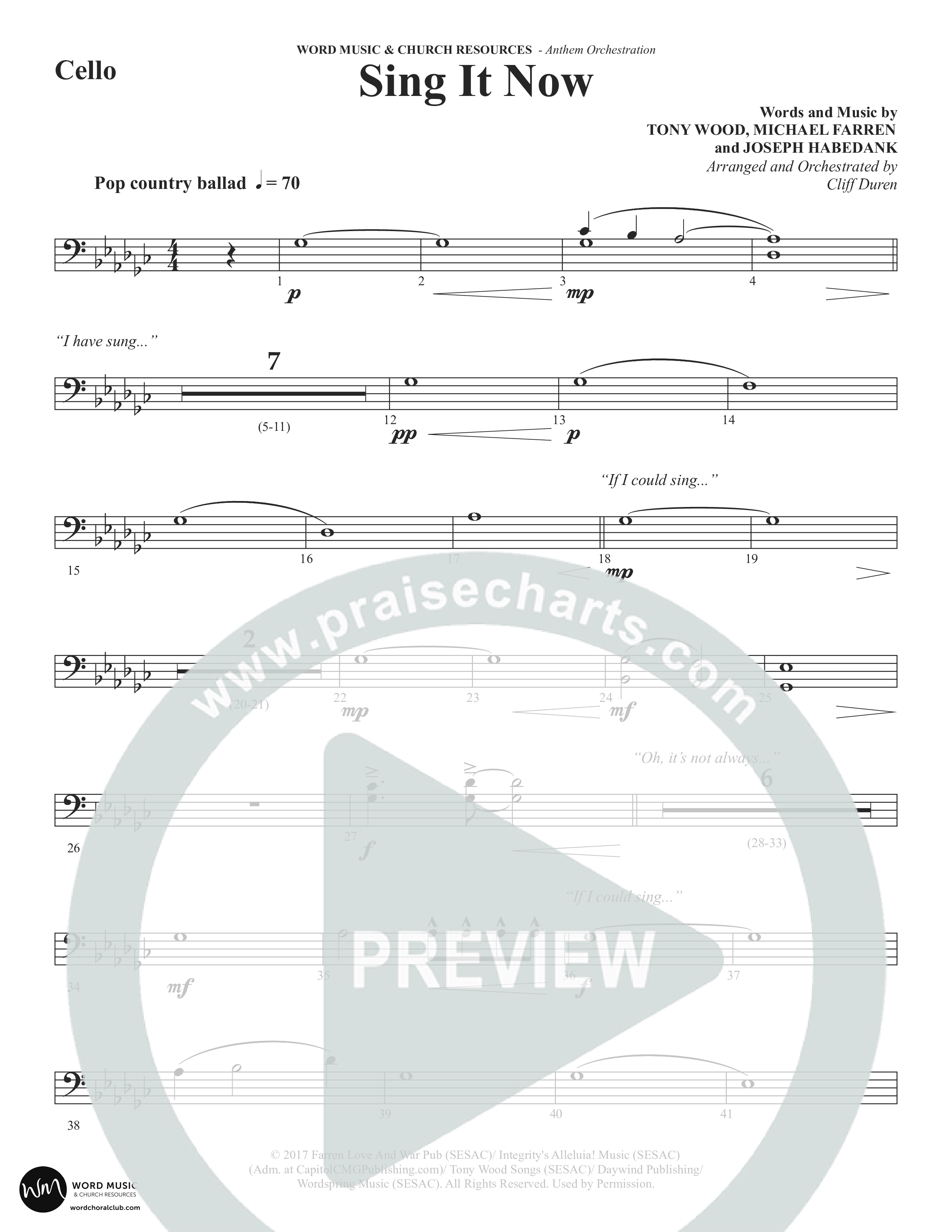 Sing It Now (Choral Anthem SATB) Cello (Word Music Choral / Orch. Cliff Duren)