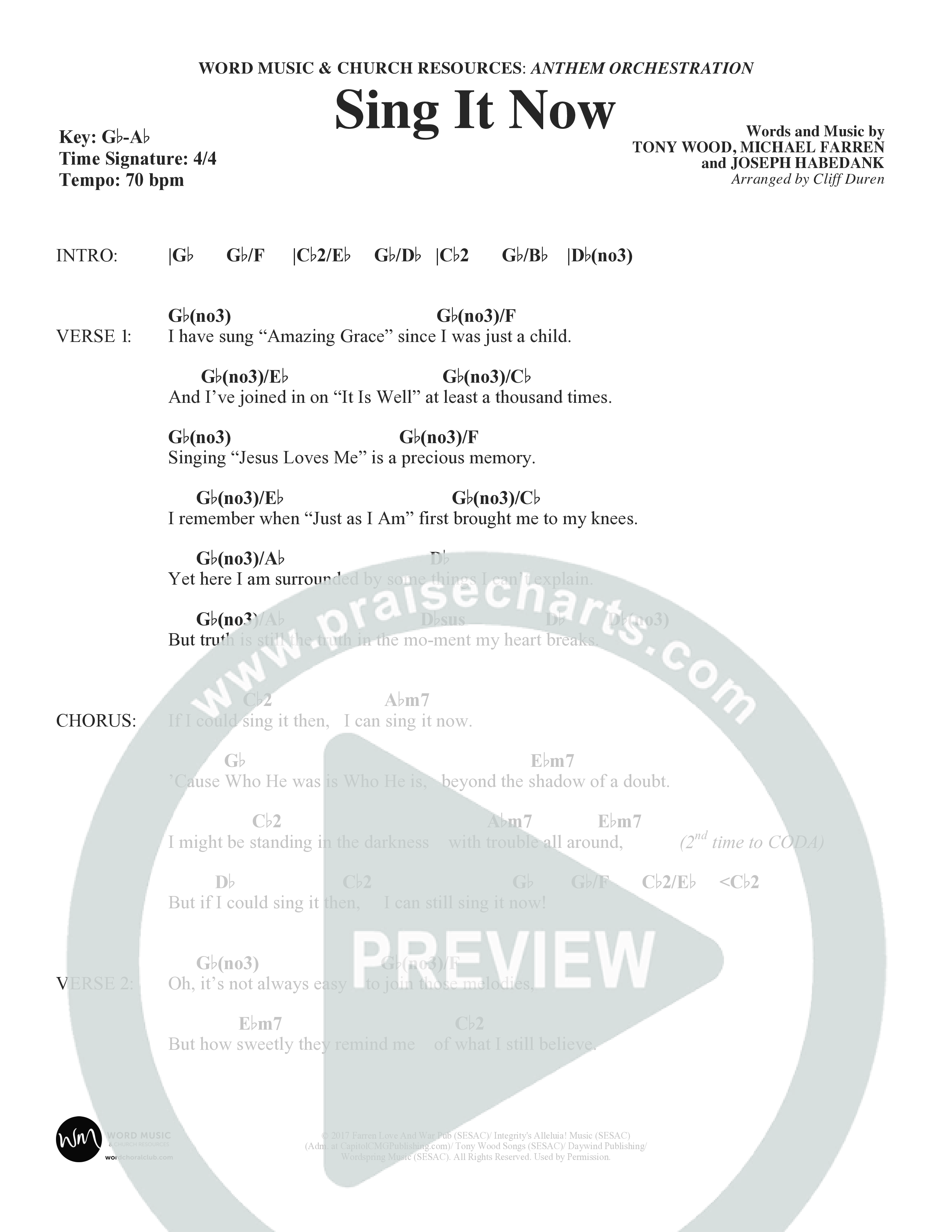 Sing It Now (Choral Anthem SATB) Chord Chart (Word Music Choral / Orch. Cliff Duren)
