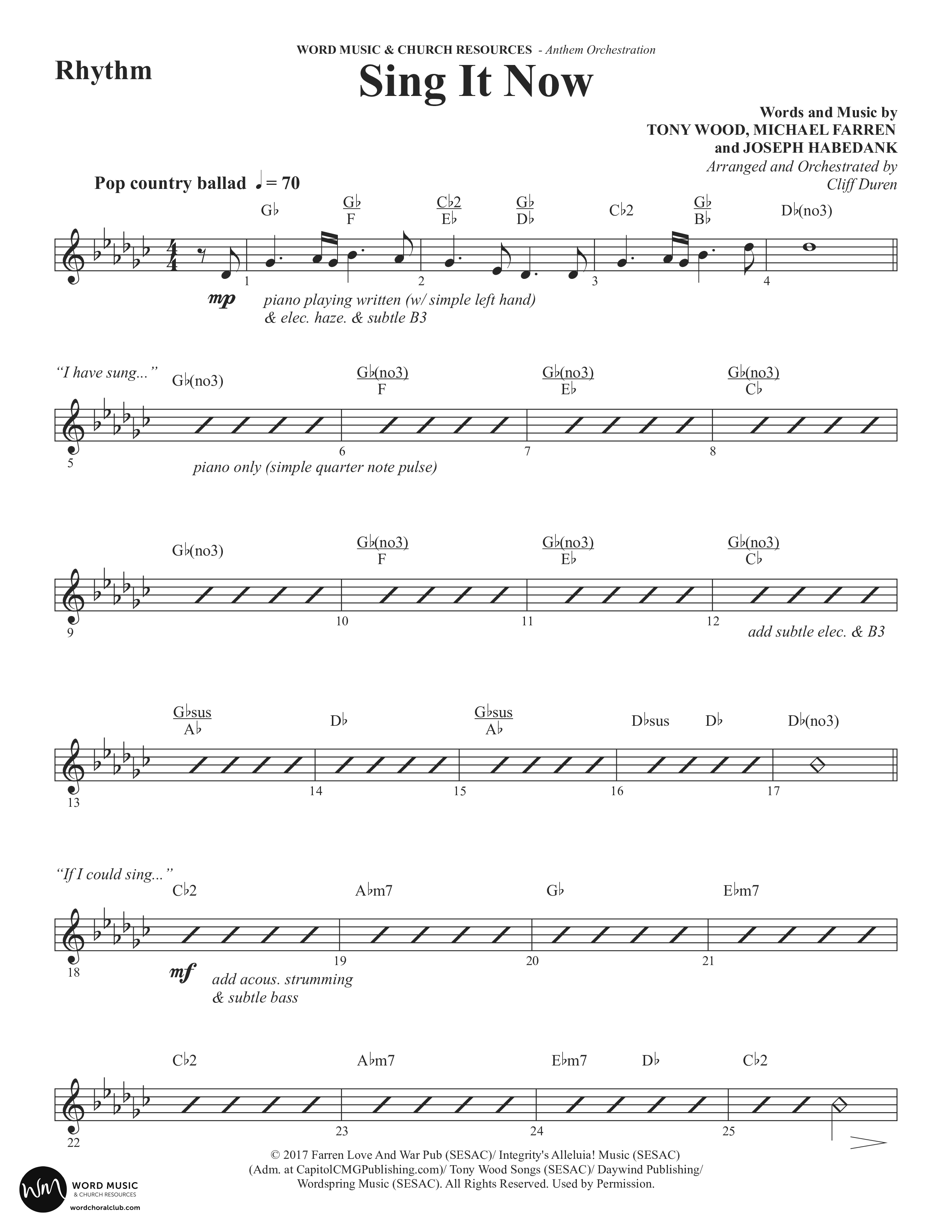 Sing It Now (Choral Anthem SATB) Rhythm Chart (Word Music Choral / Orch. Cliff Duren)