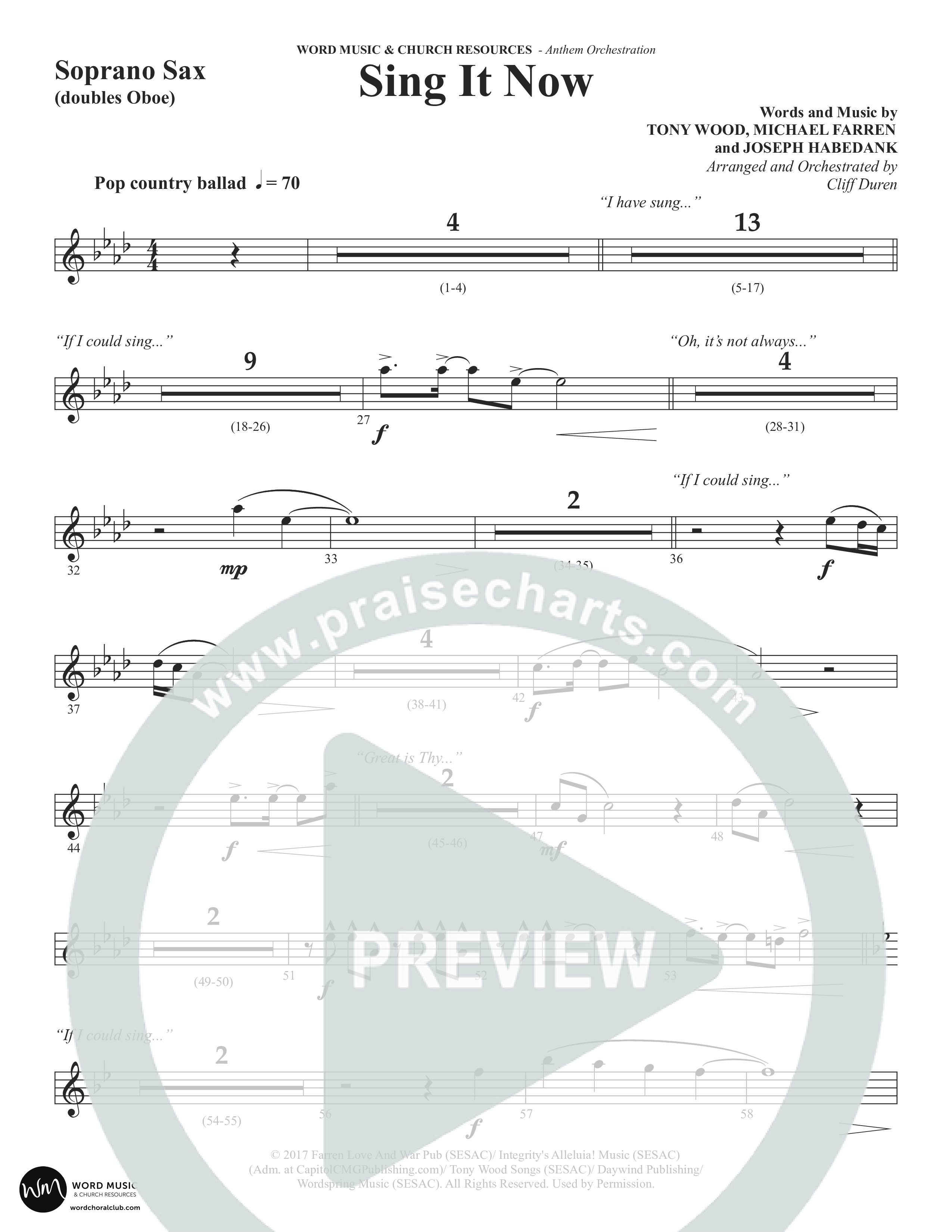 Sing It Now (Choral Anthem SATB) Soprano Sax (Word Music Choral / Orch. Cliff Duren)