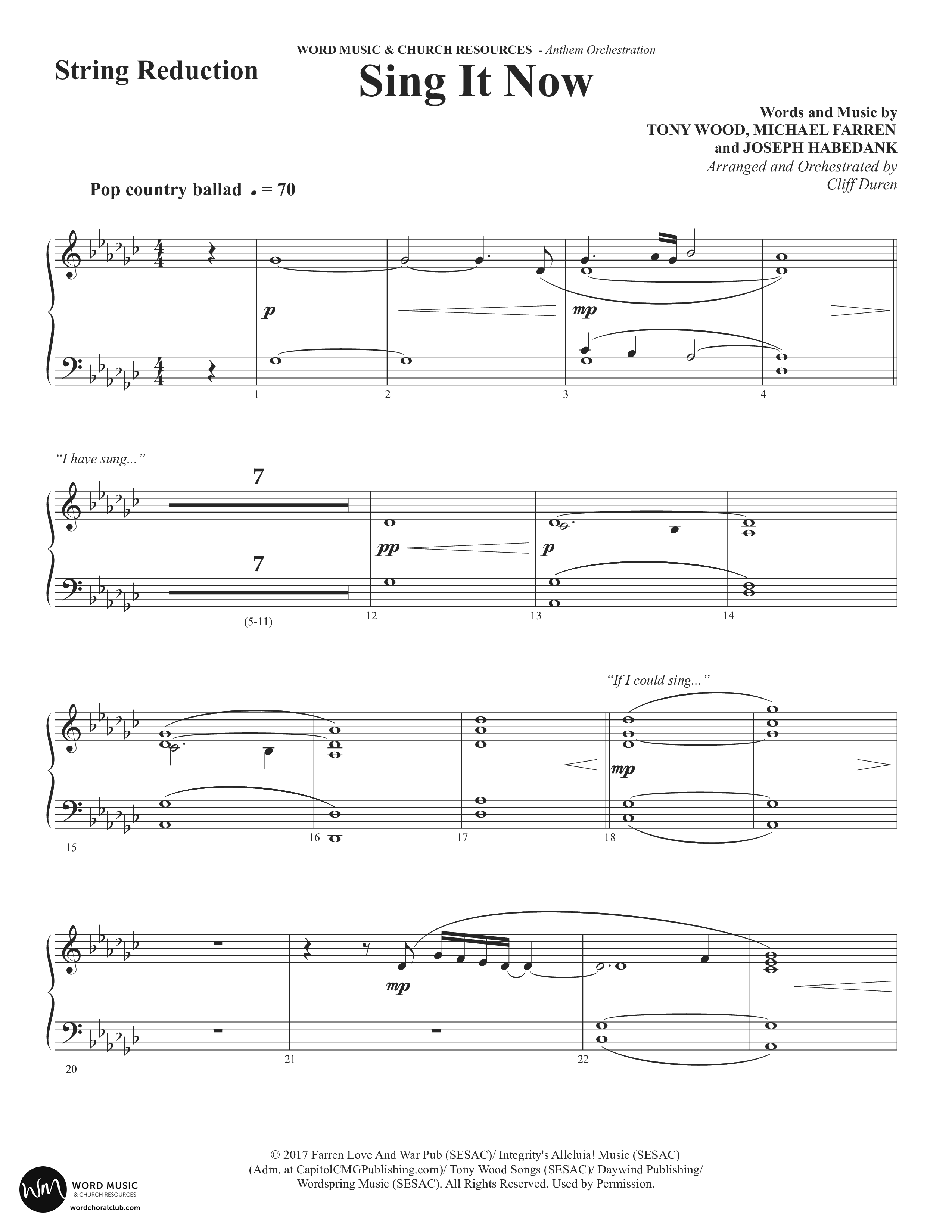 Sing It Now (Choral Anthem SATB) String Reduction (Word Music Choral / Orch. Cliff Duren)