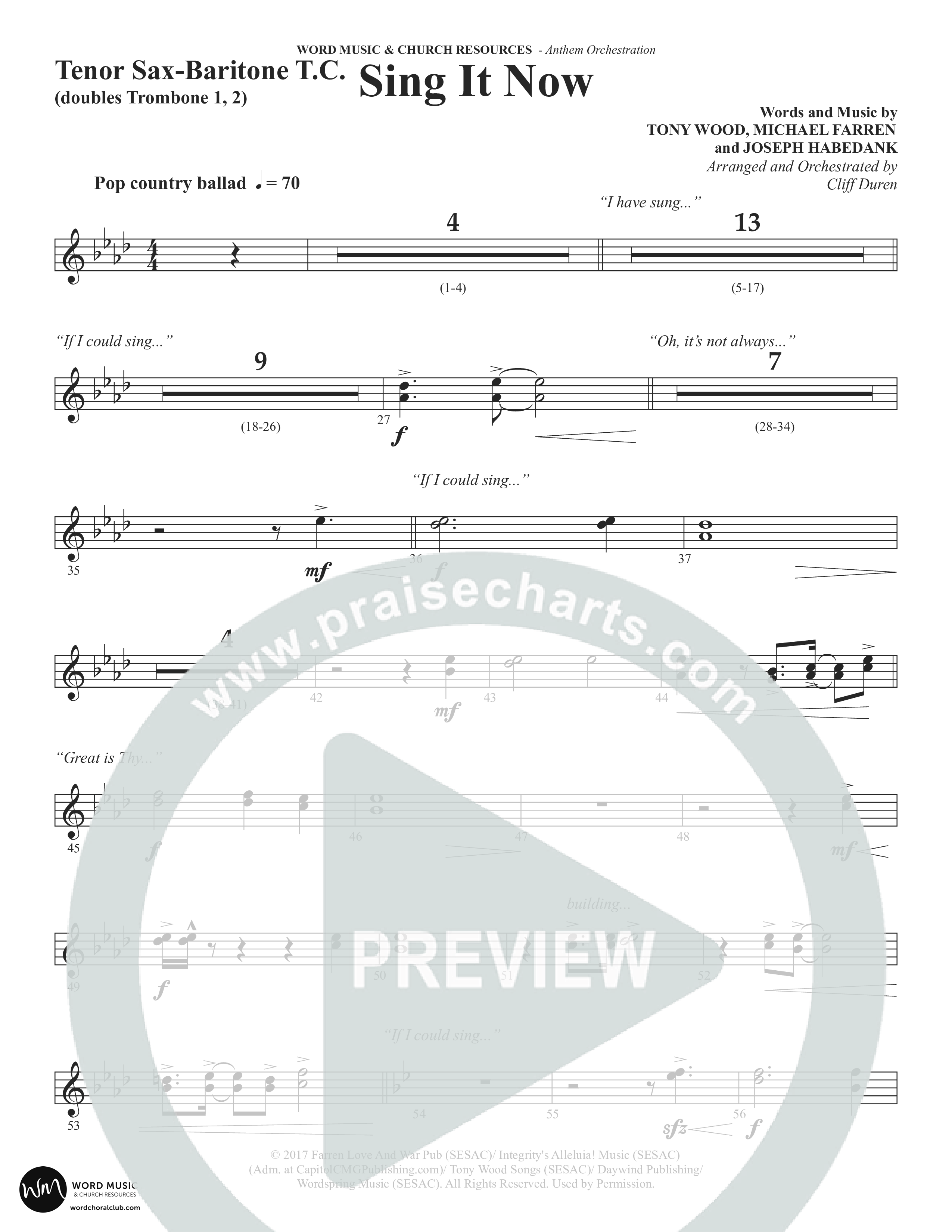 Sing It Now (Choral Anthem SATB) Tenor Sax/Baritone T.C. (Word Music Choral / Orch. Cliff Duren)