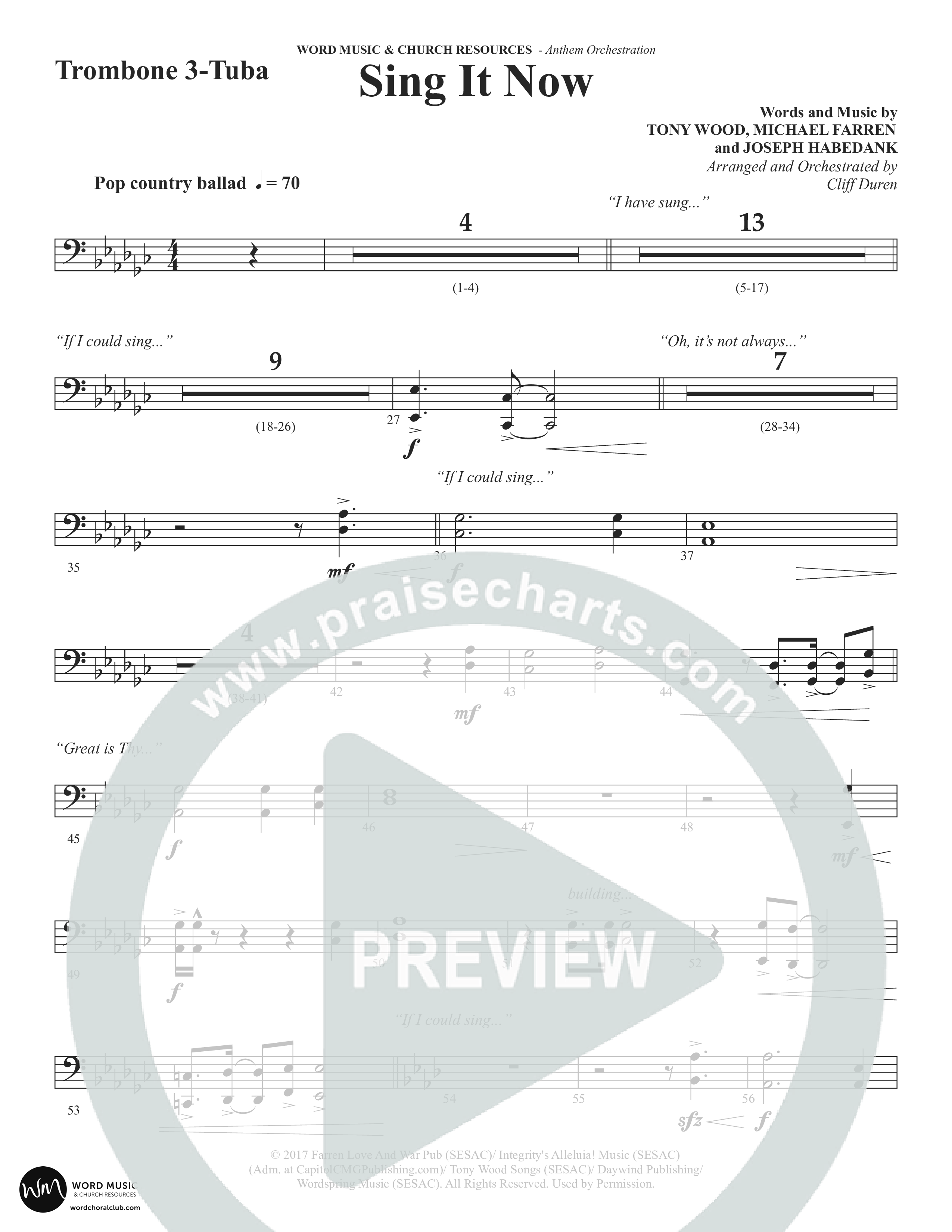 Sing It Now (Choral Anthem SATB) Trombone 3/Tuba (Word Music Choral / Orch. Cliff Duren)