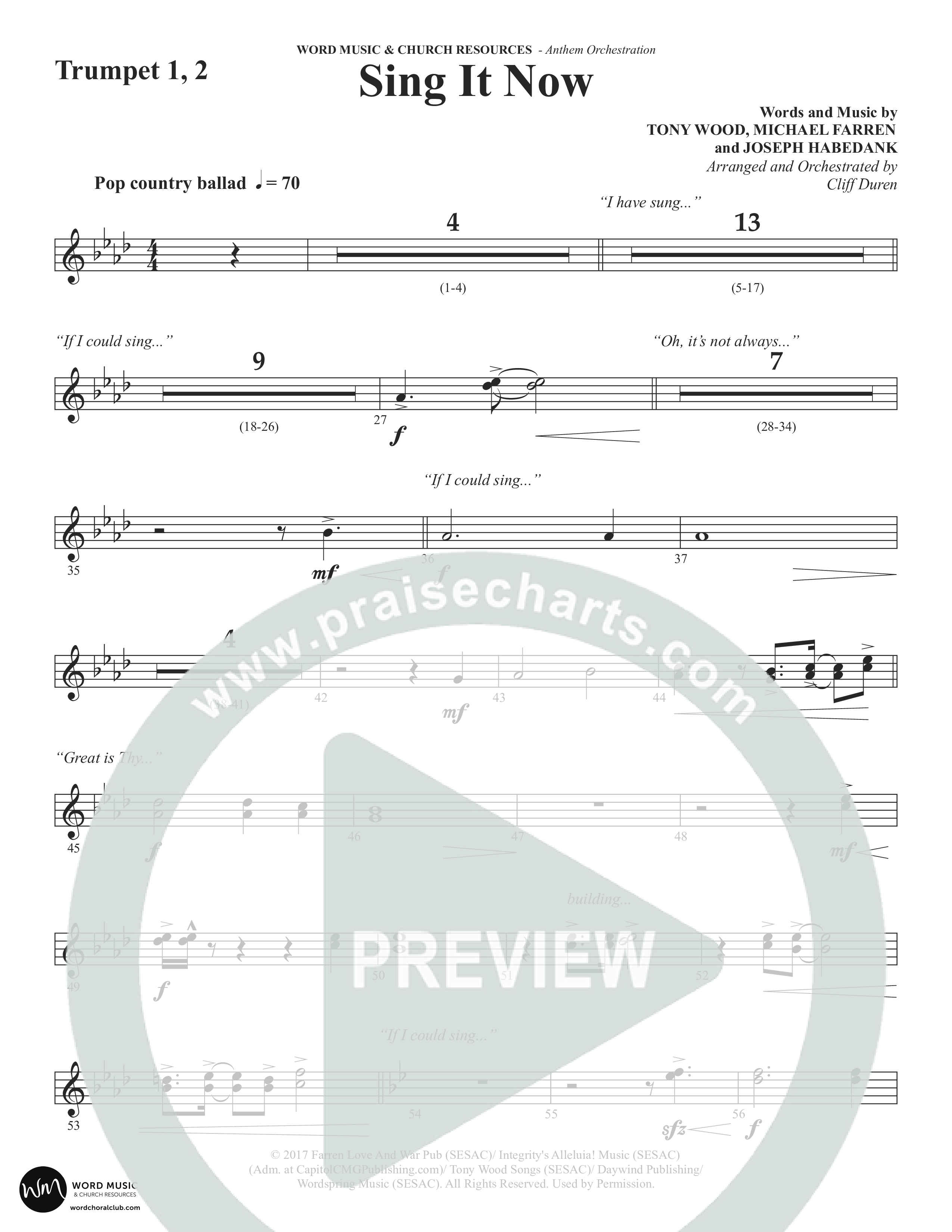 Sing It Now (Choral Anthem SATB) Trumpet 1,2 (Word Music Choral / Orch. Cliff Duren)