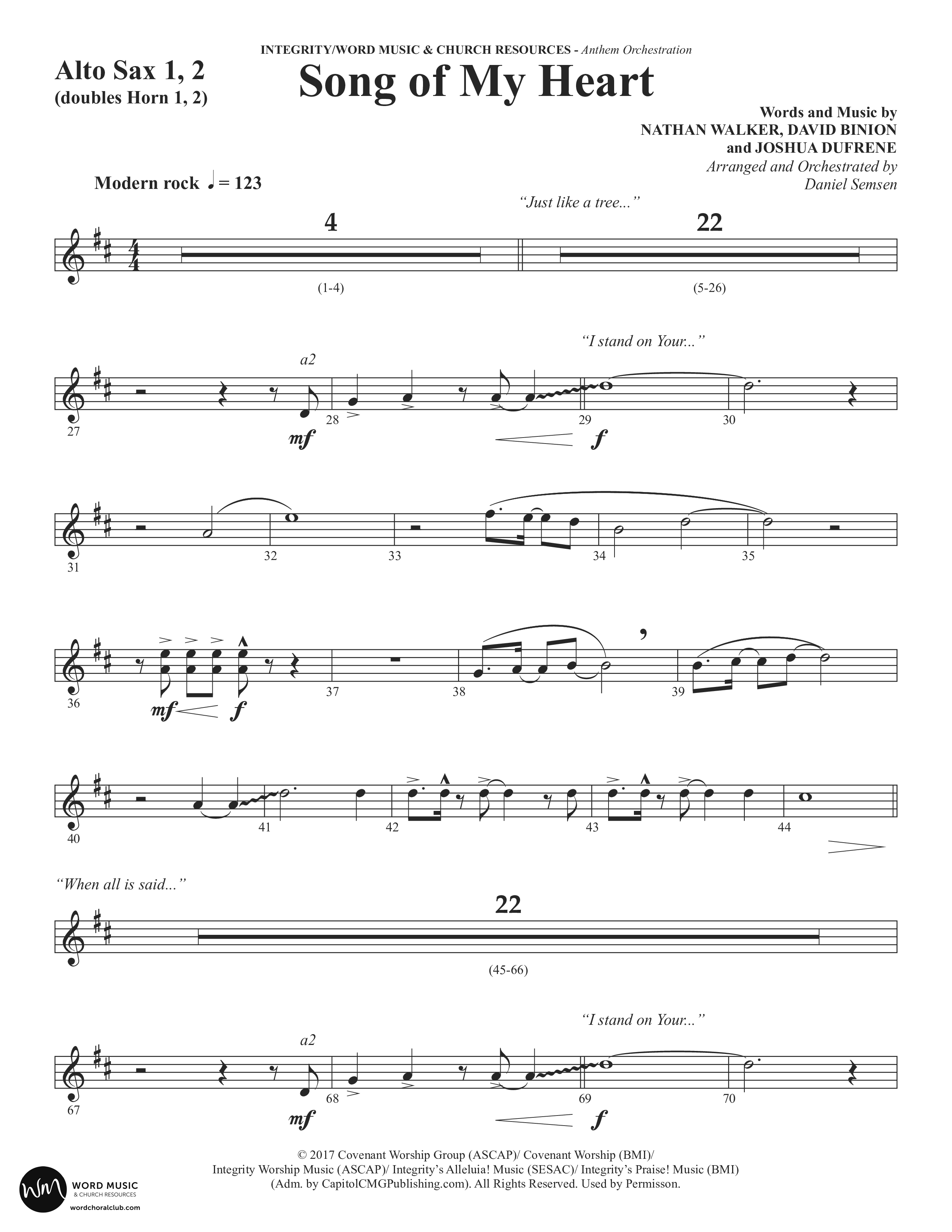 Song Of My Heart (Choral Anthem SATB) Alto Sax 1/2 (Word Music Choral / Orch. Daniel Semsen)