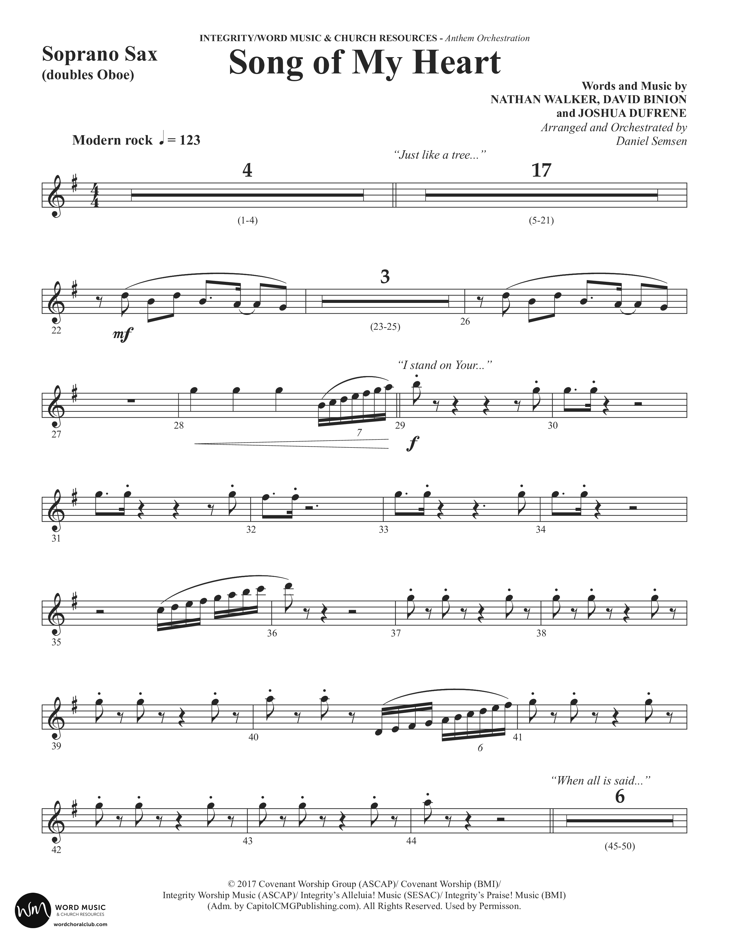 Song Of My Heart (Choral Anthem SATB) Soprano Sax (Word Music Choral / Orch. Daniel Semsen)