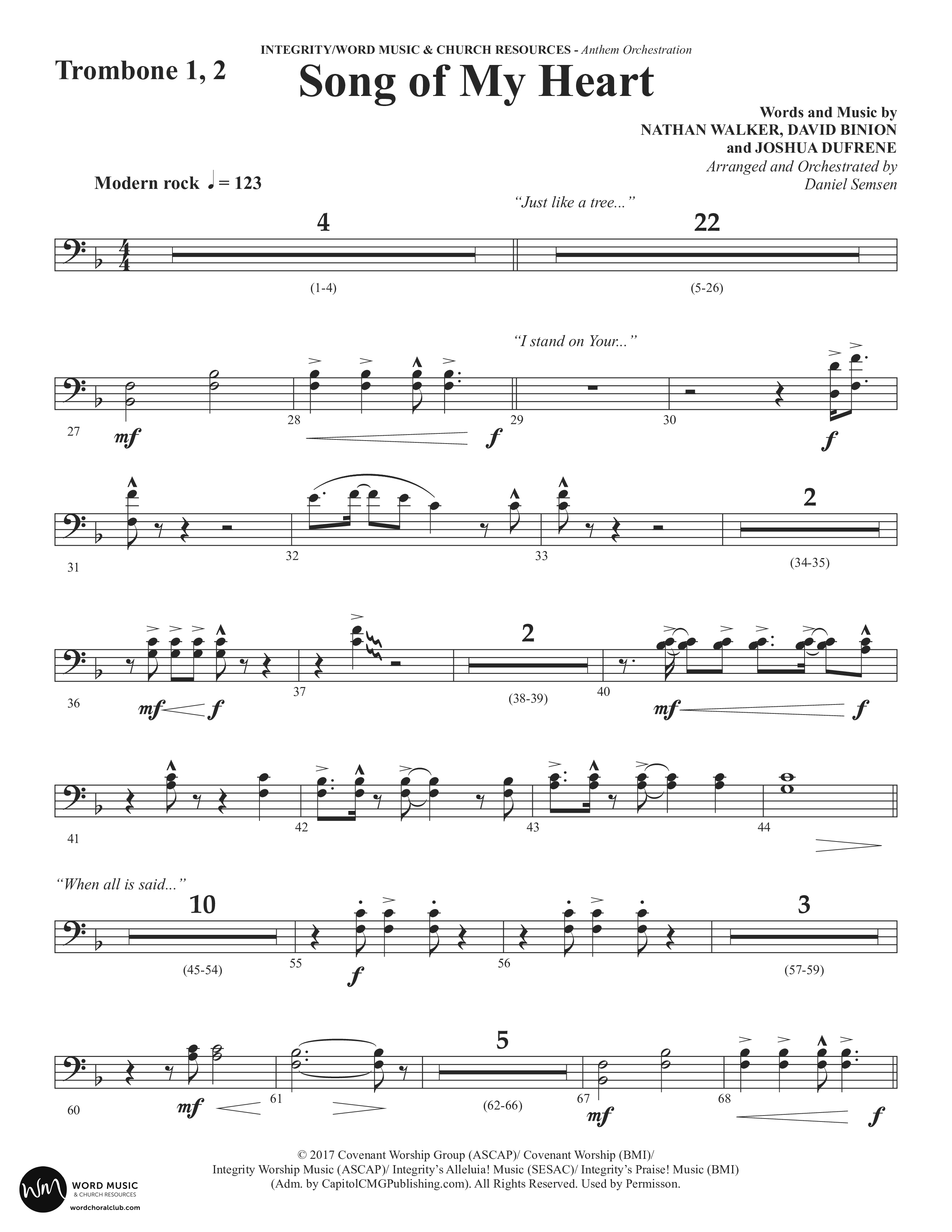 Song Of My Heart (Choral Anthem SATB) Trombone 1/2 (Word Music Choral / Orch. Daniel Semsen)