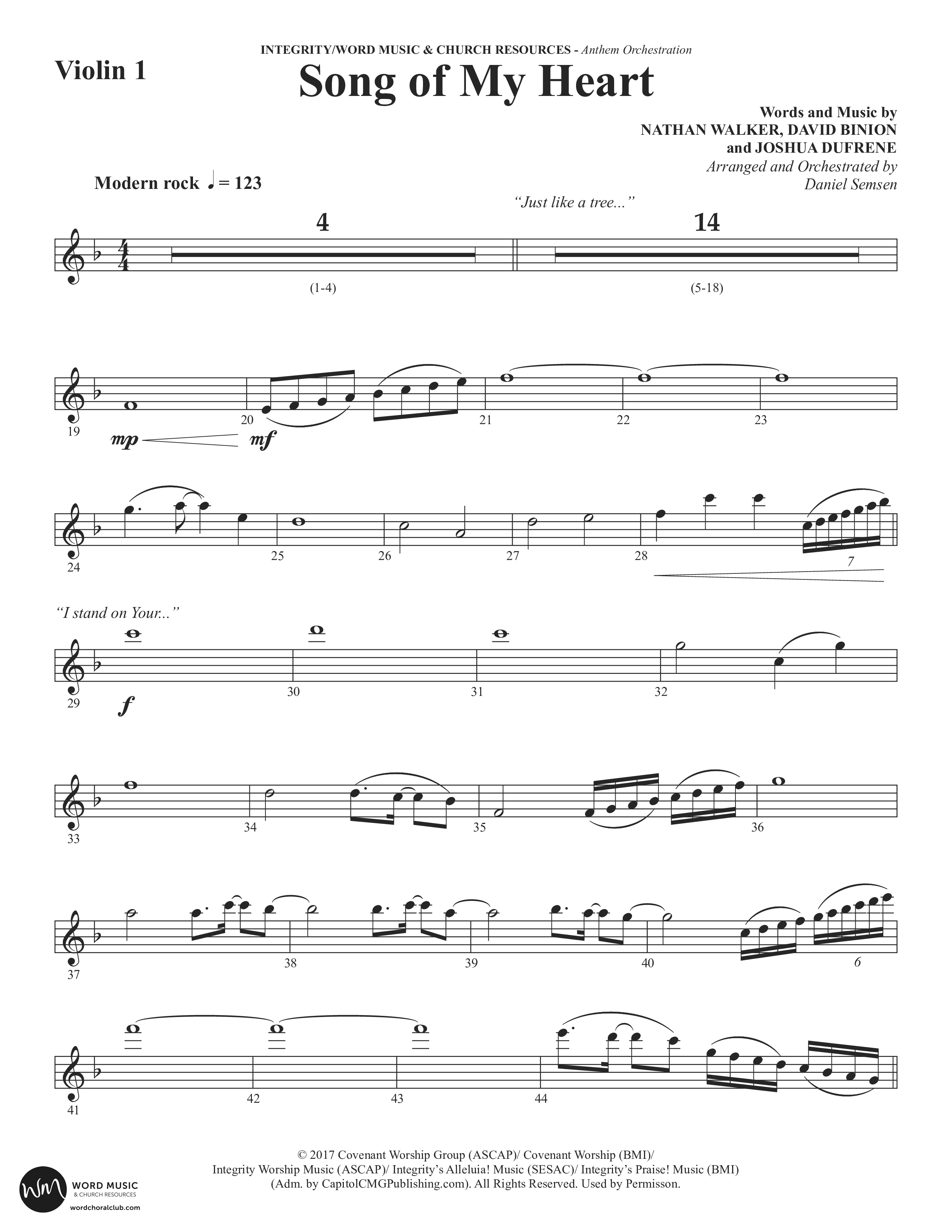 Song Of My Heart (Choral Anthem SATB) Violin 1/2 (Word Music Choral / Orch. Daniel Semsen)