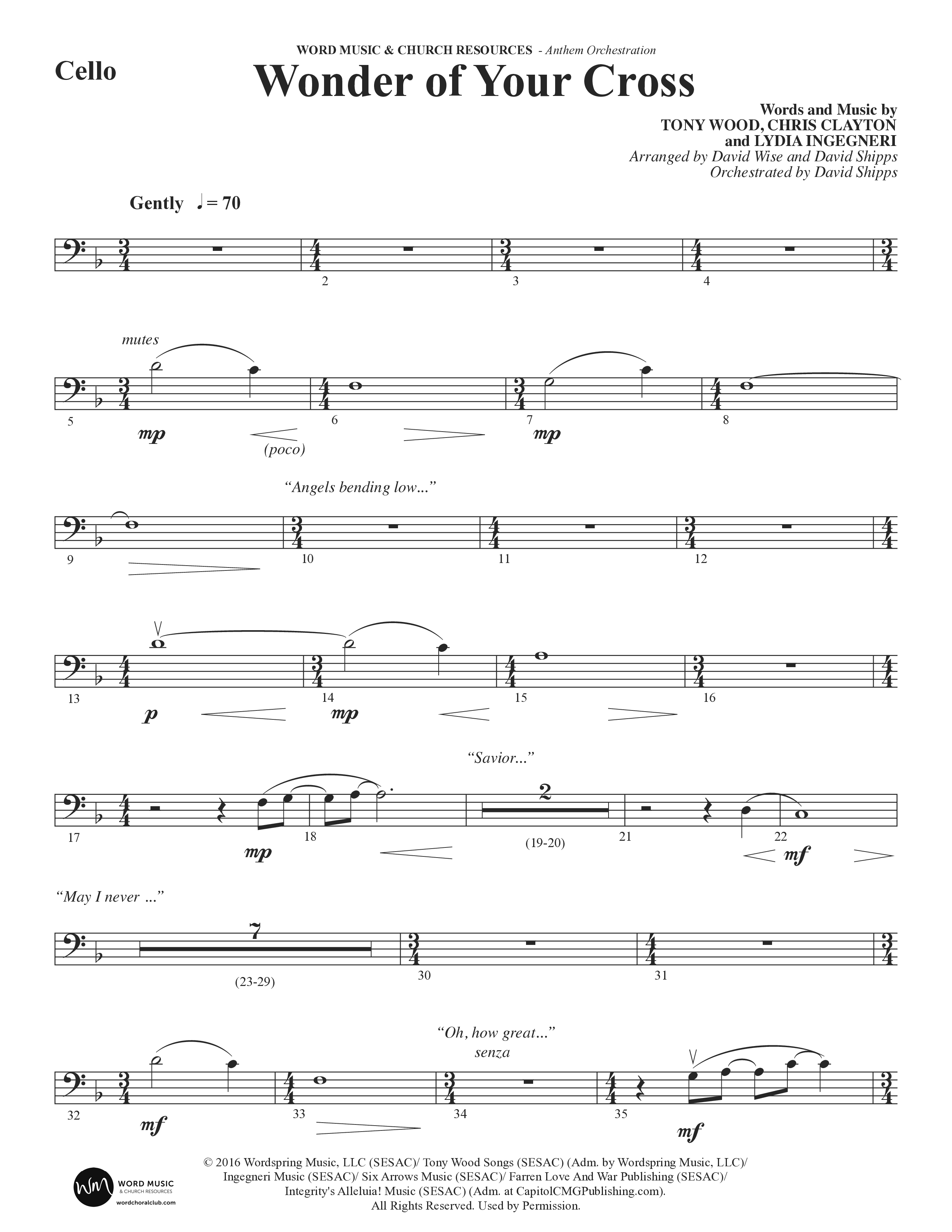 Wonder Of Your Cross (Choral Anthem SATB) Cello (Word Music Choral / David Wise / David Shipps)