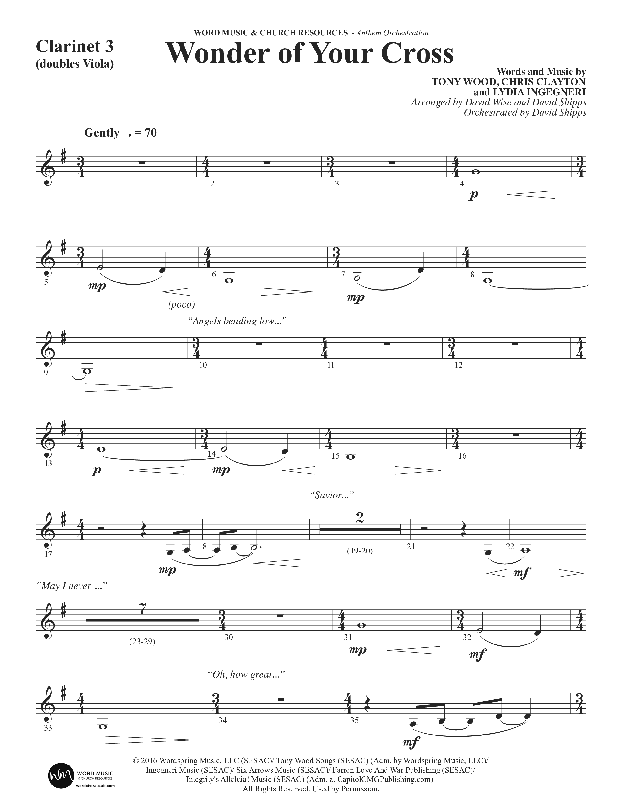 Wonder Of Your Cross (Choral Anthem SATB) Clarinet 3 (Word Music Choral / David Wise / David Shipps)
