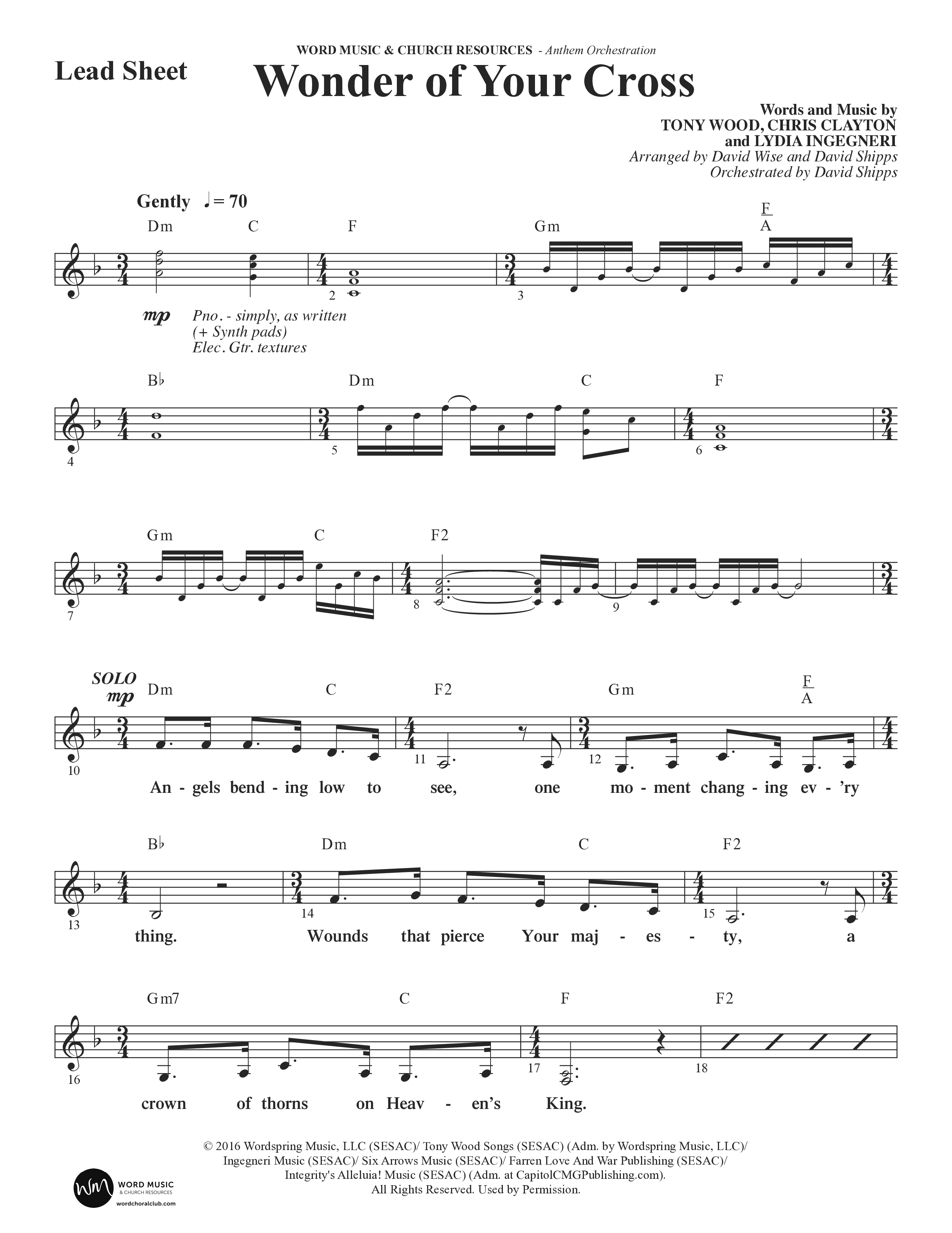 Wonder Of Your Cross (Choral Anthem SATB) Lead Sheet (Melody) (Word Music Choral / David Wise / David Shipps)