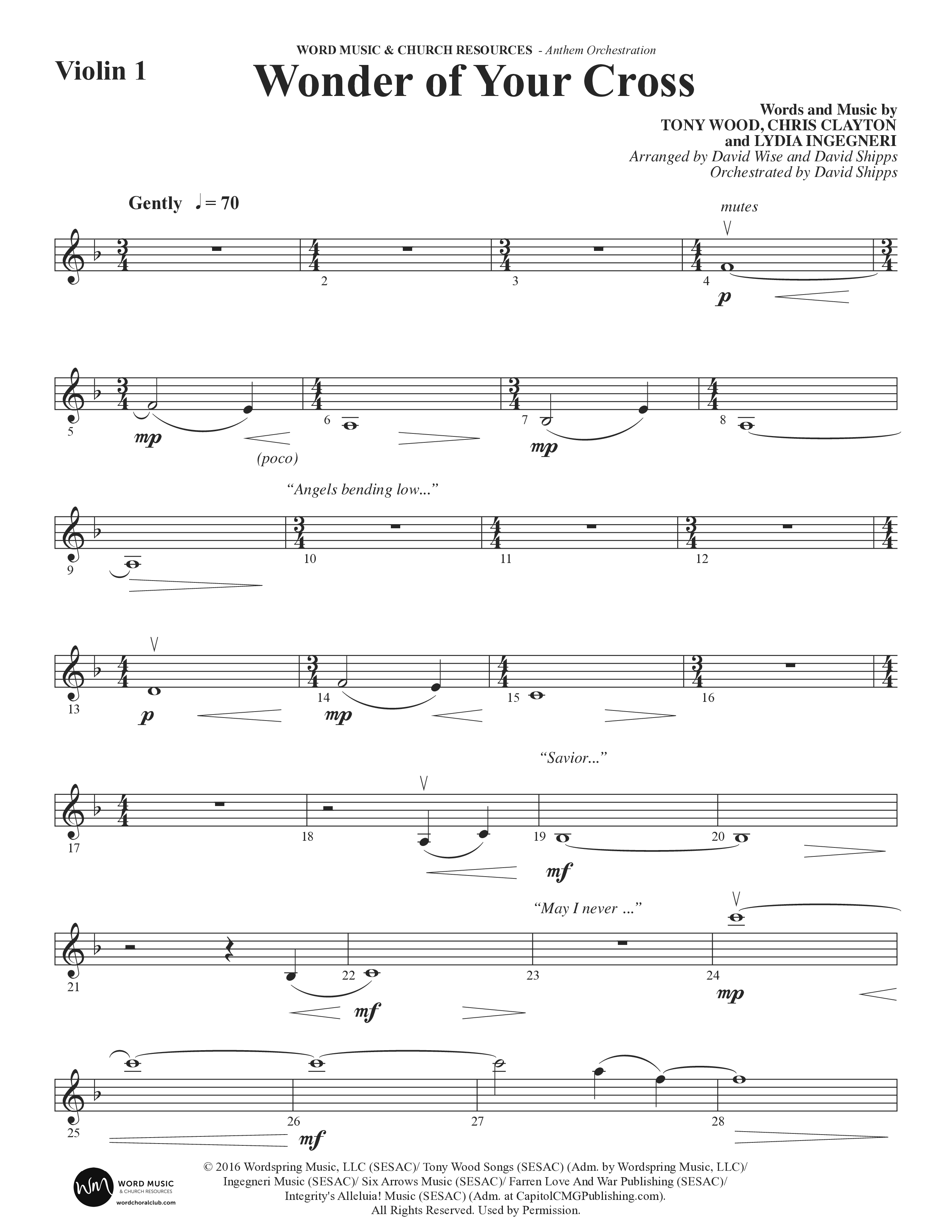 Wonder Of Your Cross (Choral Anthem SATB) Violin 1/2 (Word Music Choral / David Wise / David Shipps)