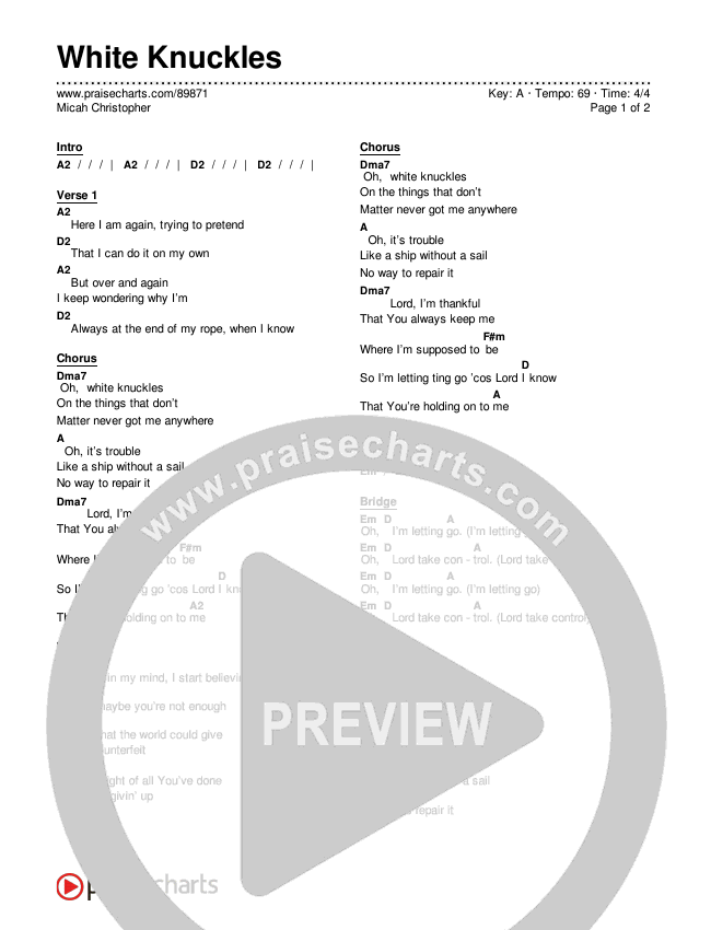 White Knuckles Chord Chart (Micah Christopher)