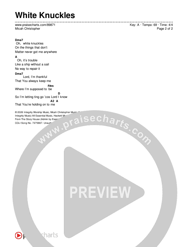 White Knuckles Chord Chart (Micah Christopher)