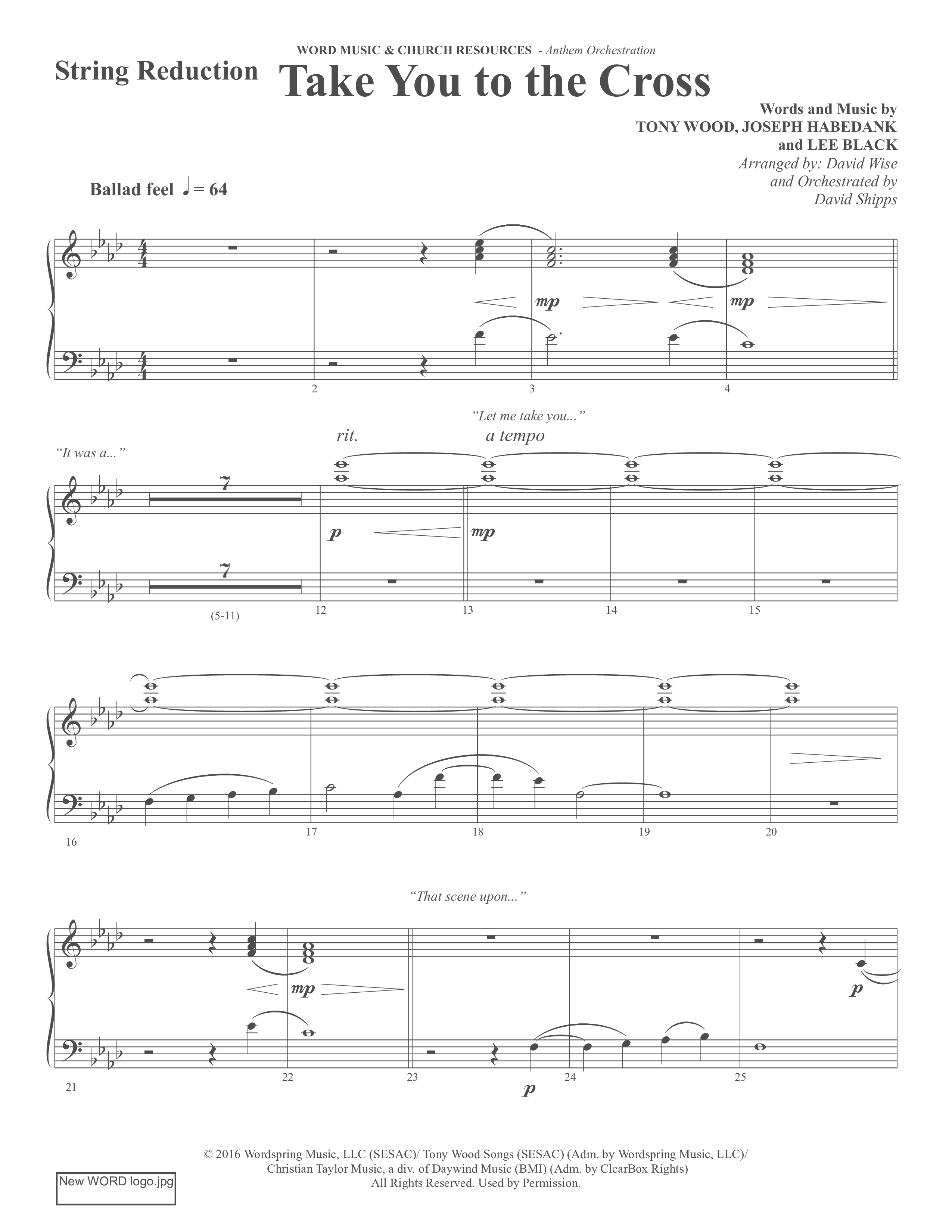 Take You To The Cross (Choral Anthem SATB) String Reduction (Word Music Choral / Arr. David Wise)