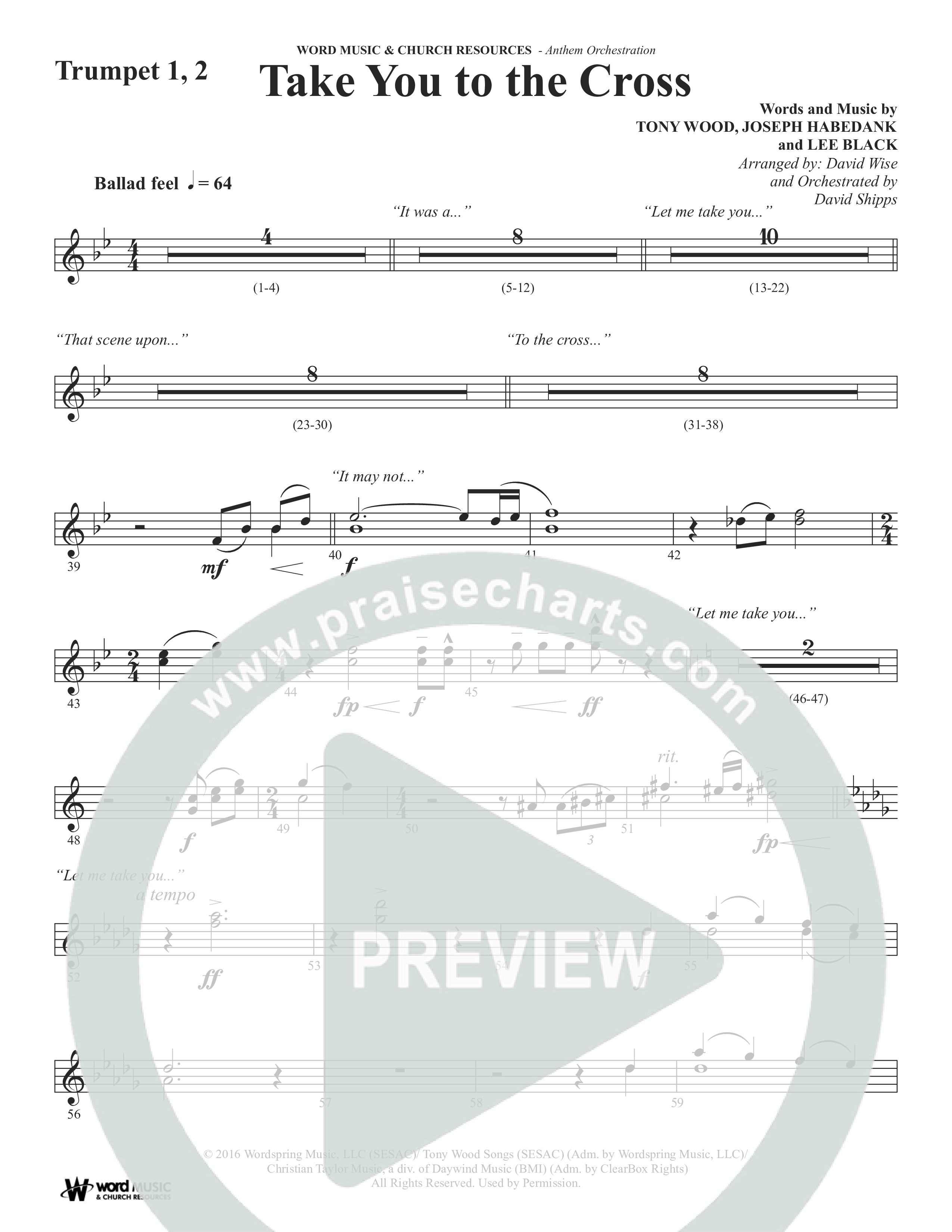 Take You To The Cross (Choral Anthem SATB) Trumpet 1,2 (Word Music Choral / Arr. David Wise)