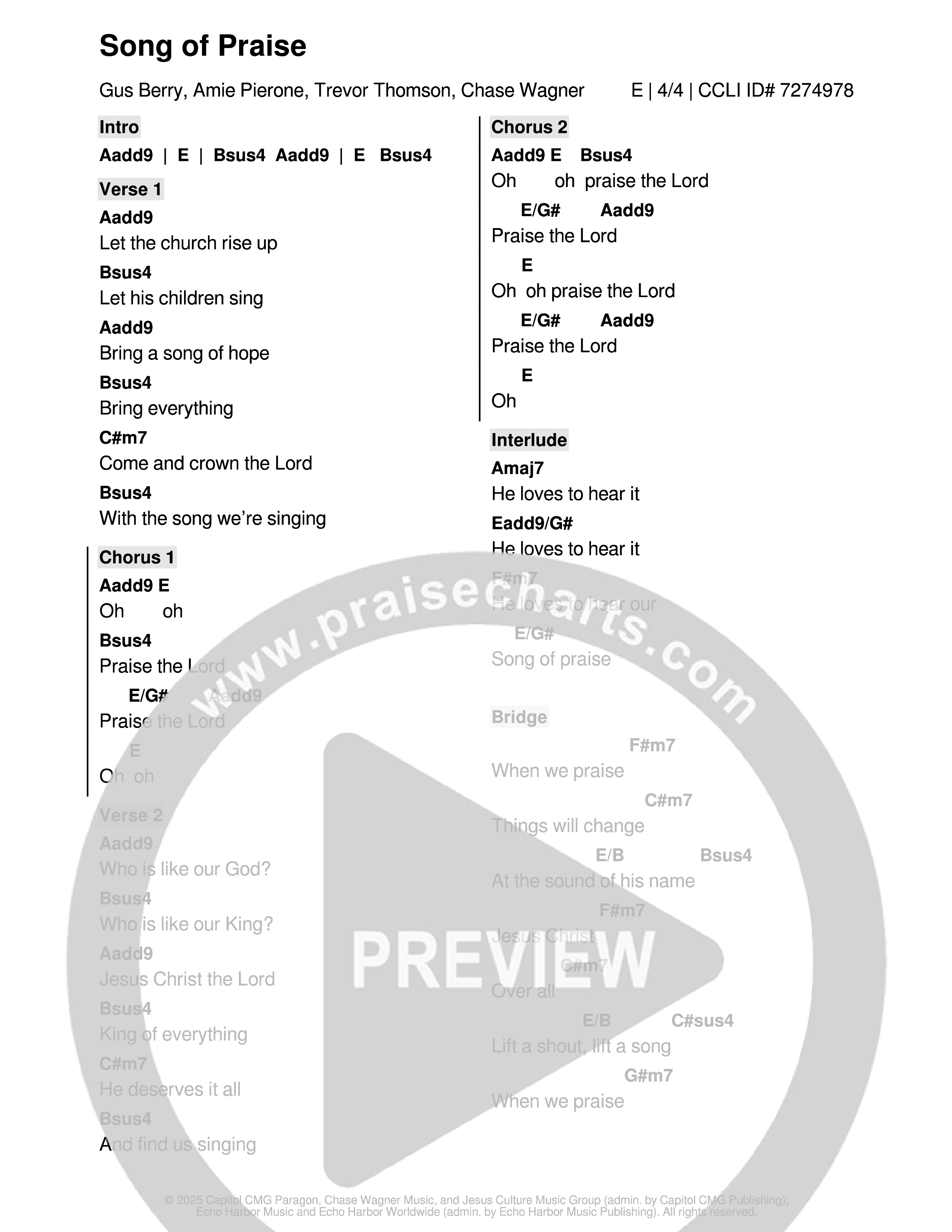 Song Of Praise Chord Chart (Echo Harbor Worship / Vale Montes)