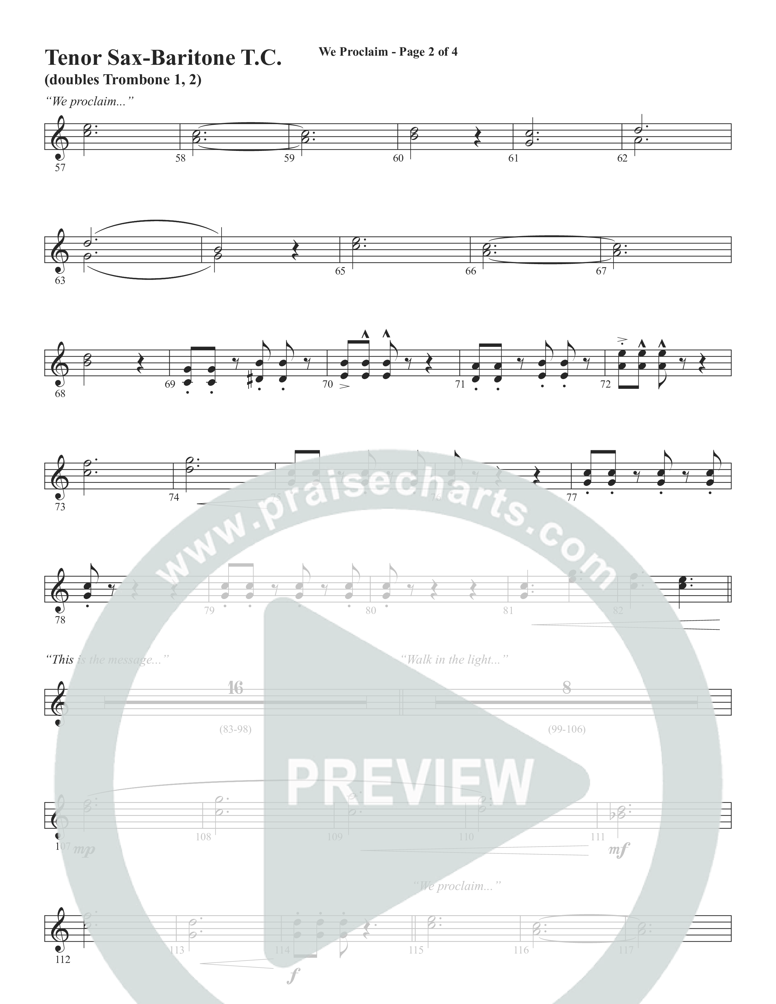 We Proclaim (Choral Anthem SATB) Tenor Sax/Baritone T.C. (Word Music Choral / Arr. Joshua Spacht)