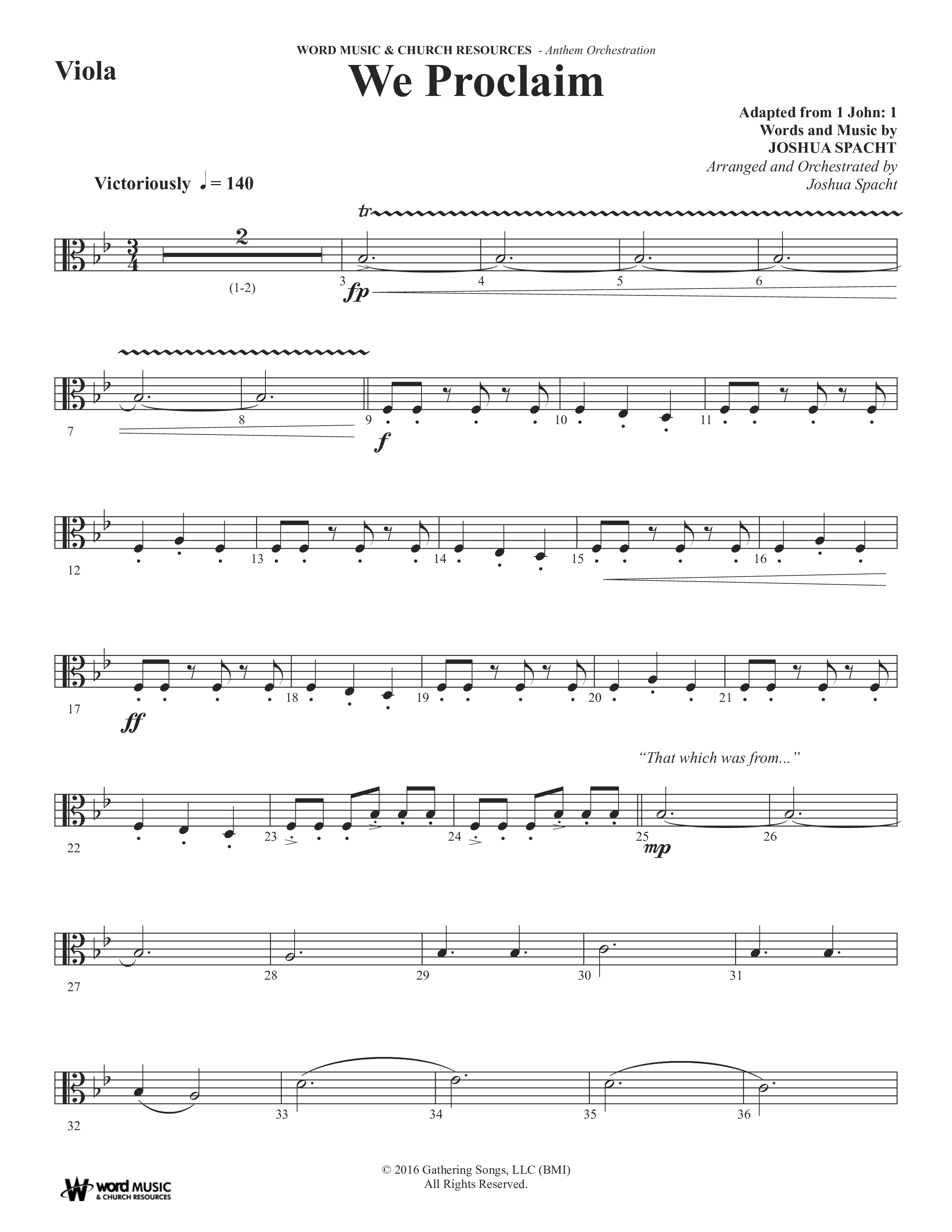We Proclaim (Choral Anthem SATB) Viola (Word Music Choral / Arr. Joshua Spacht)