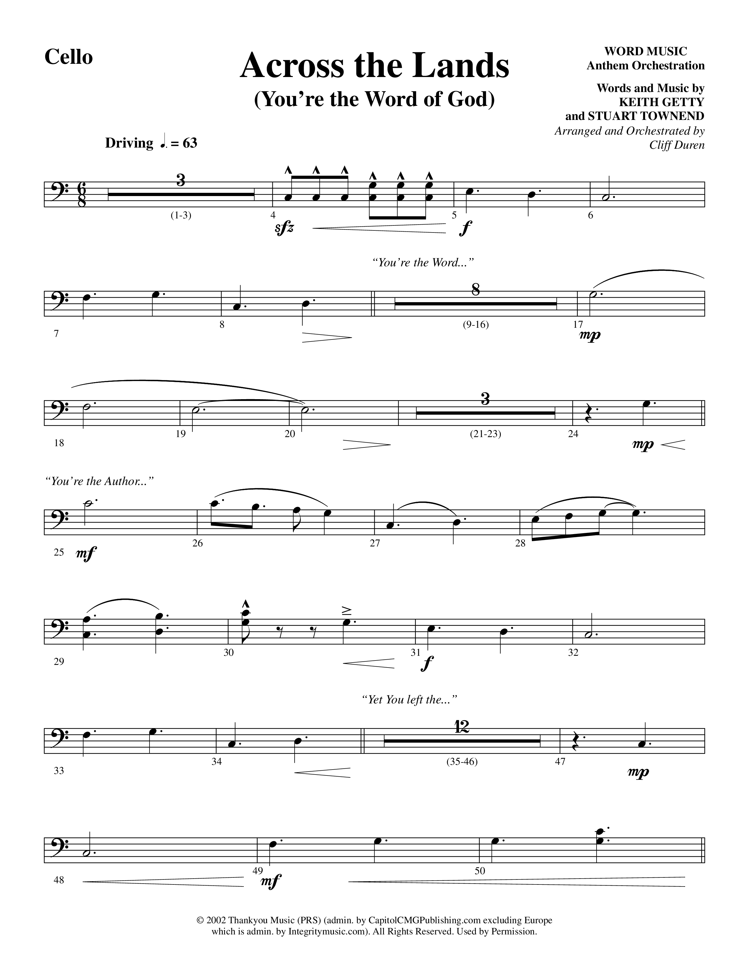 Across the Lands (You’re the Word of God) (Choral Anthem SATB) Cello (Word Music Choral / Keith Getty / Stuart Townend / Arr. Cliff Duren)