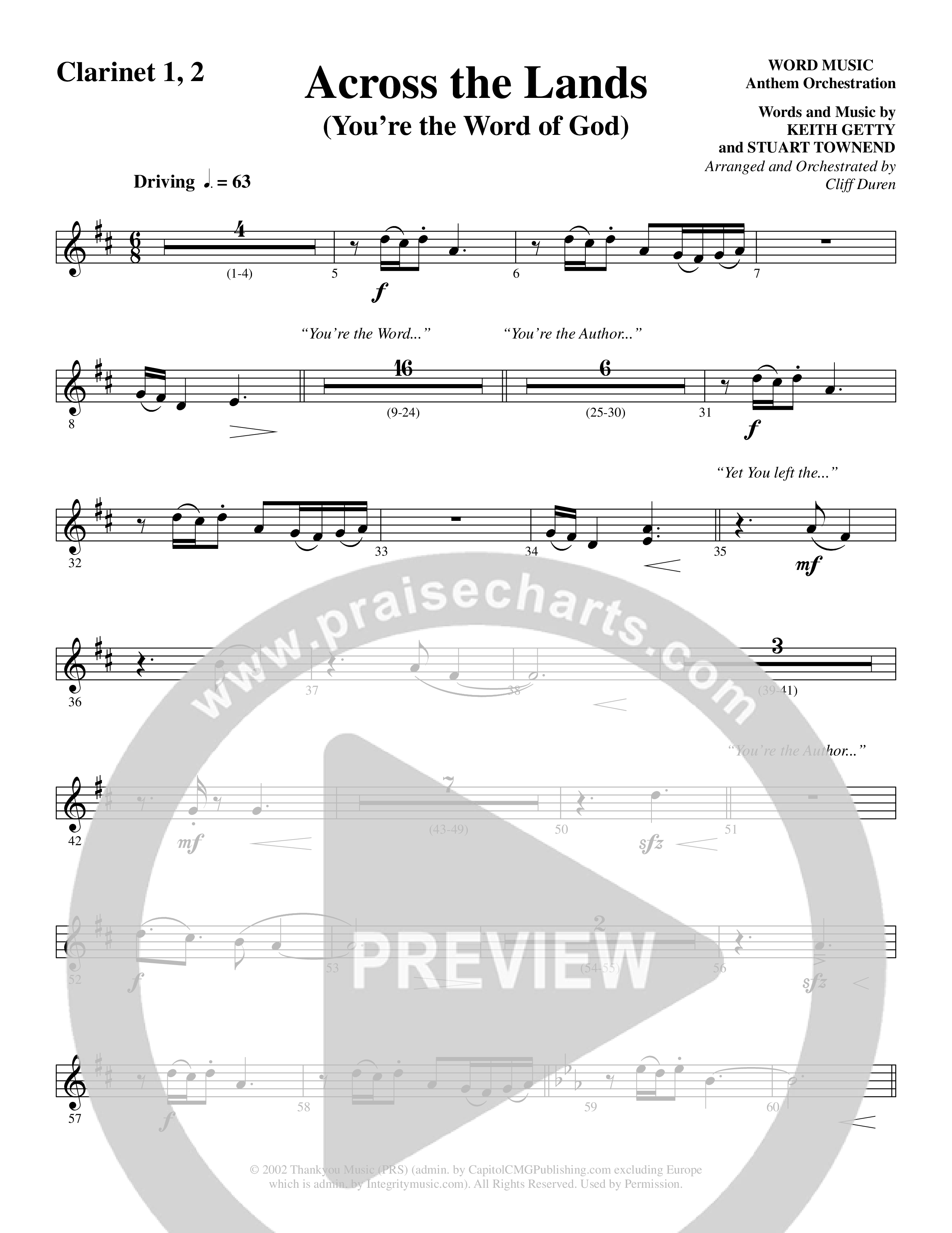 Across the Lands (You’re the Word of God) (Choral Anthem SATB) Clarinet 1/2 (Word Music Choral / Keith Getty / Stuart Townend / Arr. Cliff Duren)