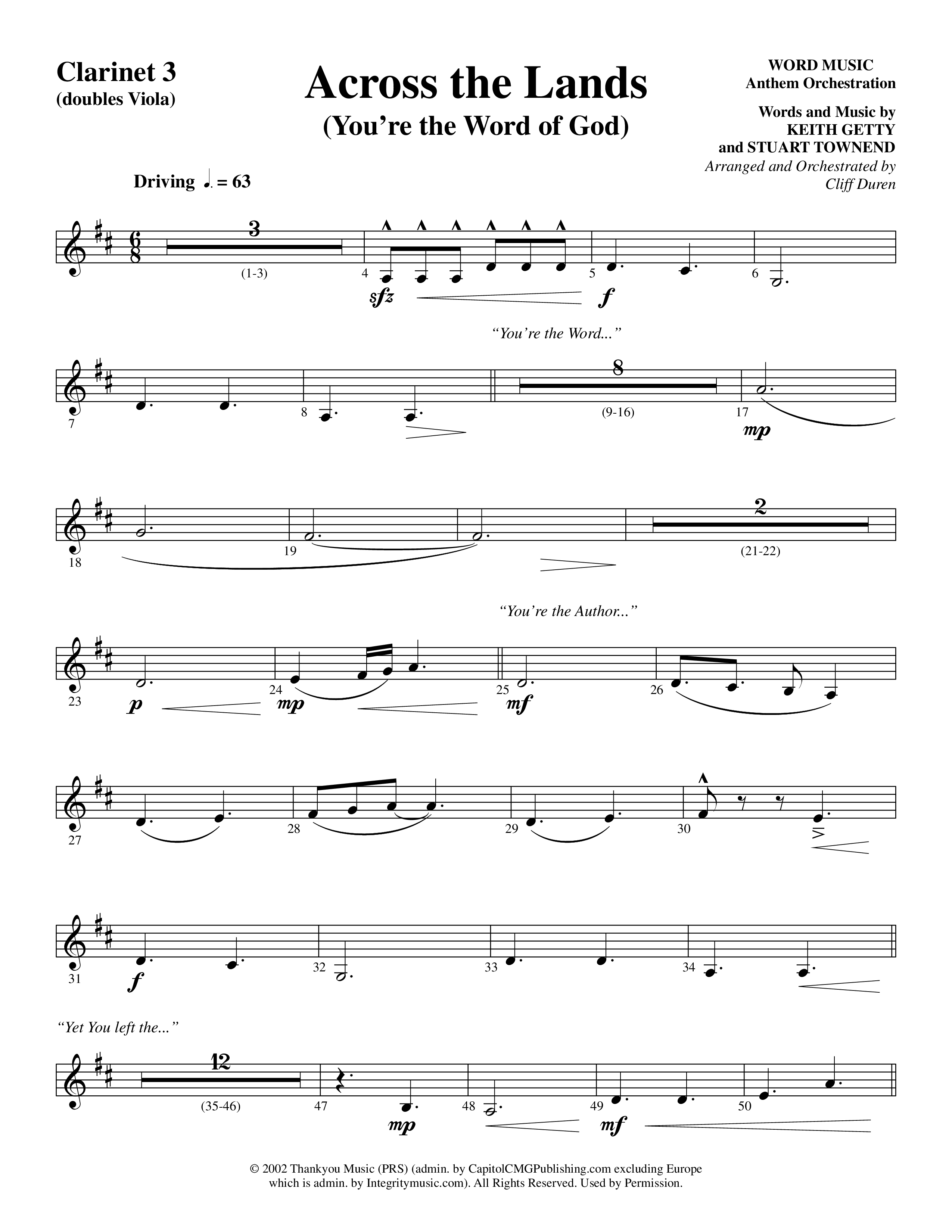 Across the Lands (You’re the Word of God) (Choral Anthem SATB) Clarinet 3 (Word Music Choral / Keith Getty / Stuart Townend / Arr. Cliff Duren)