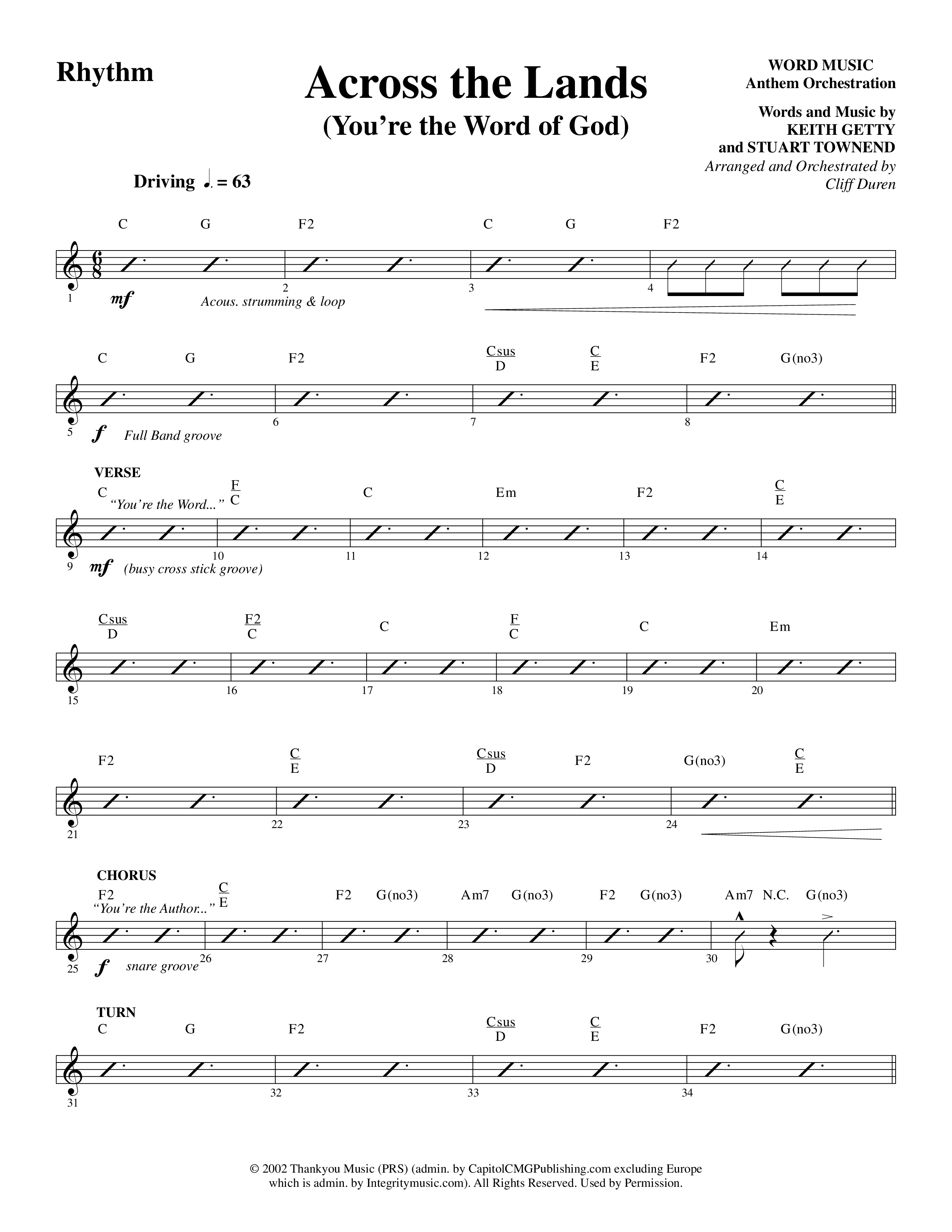 Across the Lands (You’re the Word of God) (Choral Anthem SATB) Rhythm Chart (Word Music Choral / Keith Getty / Stuart Townend / Arr. Cliff Duren)
