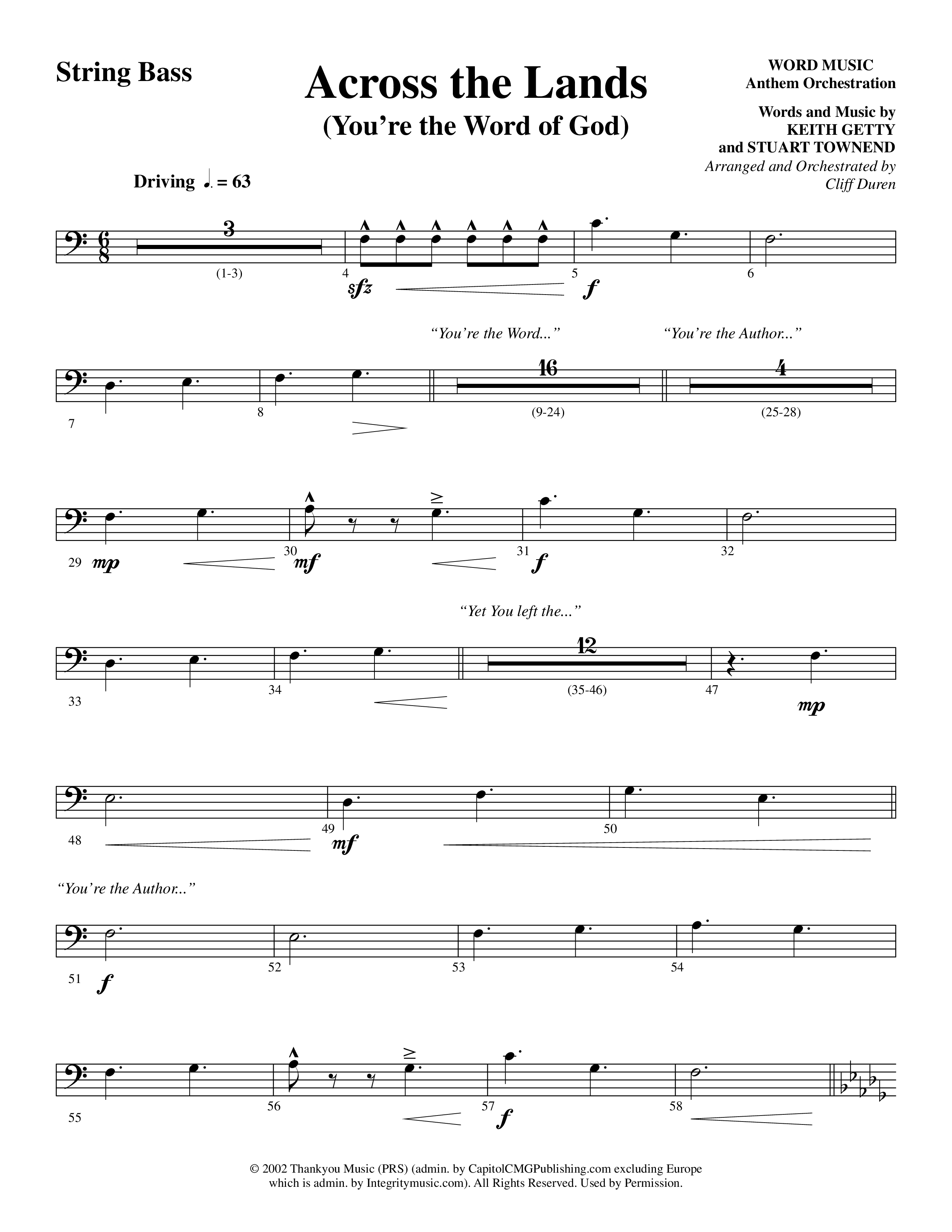 Across the Lands (You’re the Word of God) (Choral Anthem SATB) String Bass (Word Music Choral / Keith Getty / Stuart Townend / Arr. Cliff Duren)
