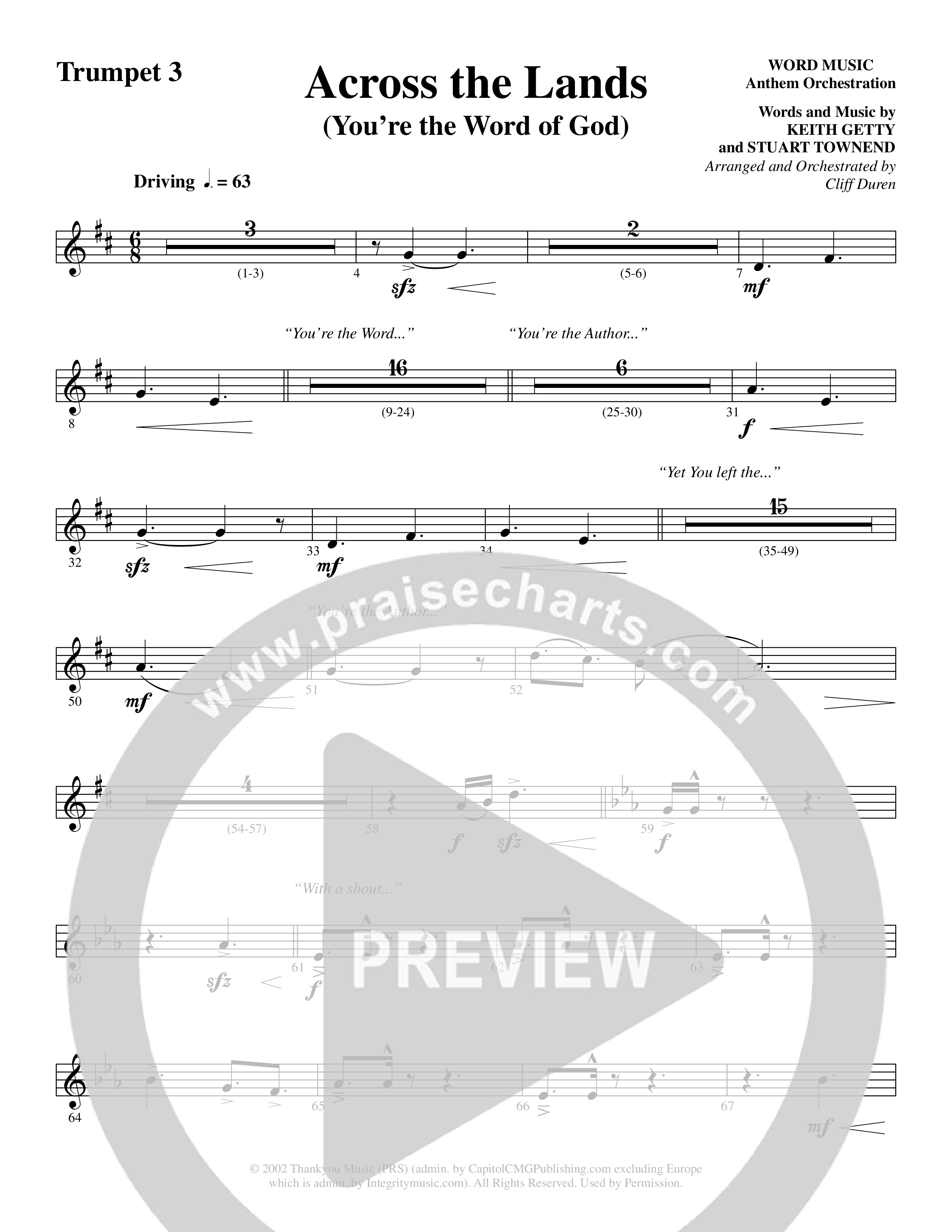 Across the Lands (You’re the Word of God) (Choral Anthem SATB) Trumpet 3 (Word Music Choral / Keith Getty / Stuart Townend / Arr. Cliff Duren)