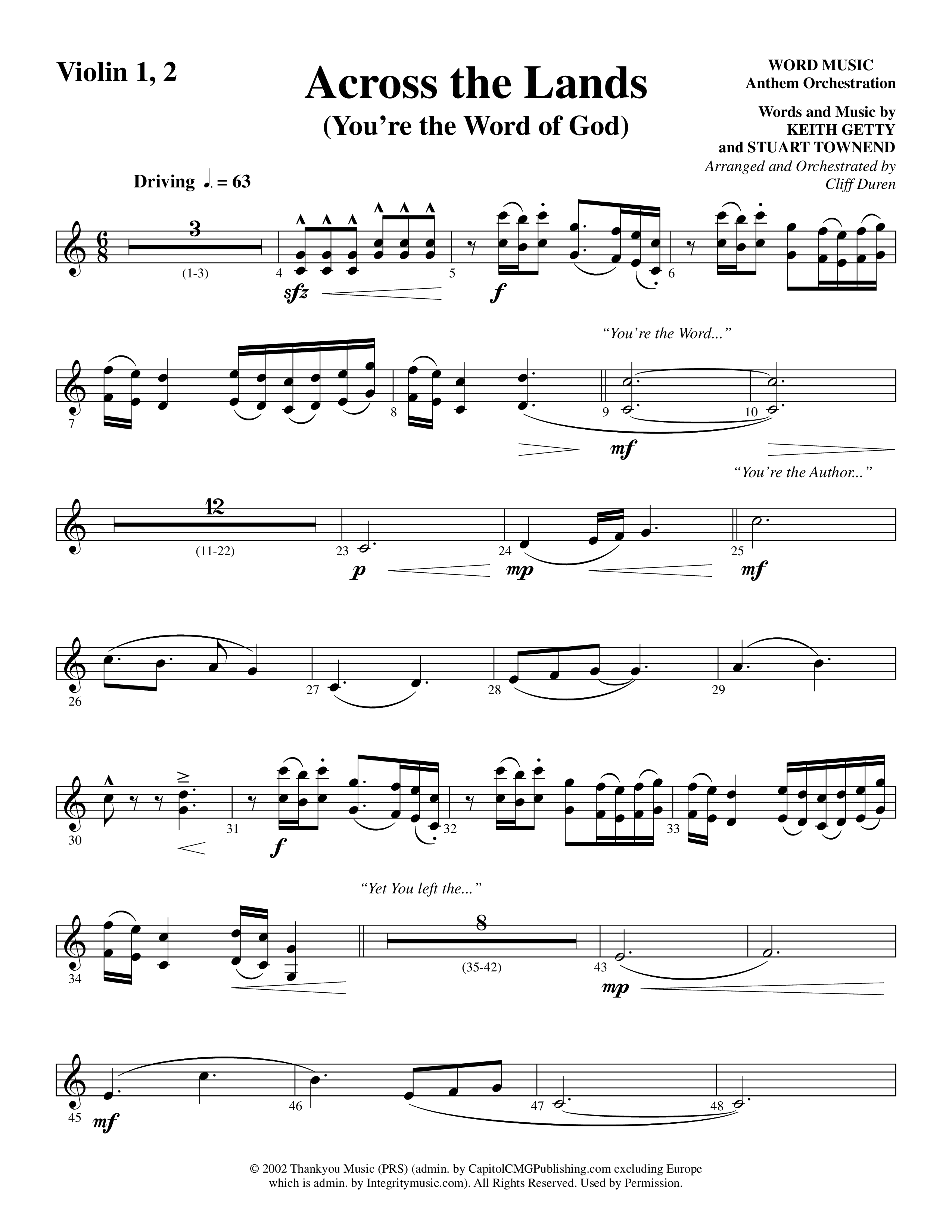Across the Lands (You’re the Word of God) (Choral Anthem SATB) Violin 1/2 (Word Music Choral / Keith Getty / Stuart Townend / Arr. Cliff Duren)
