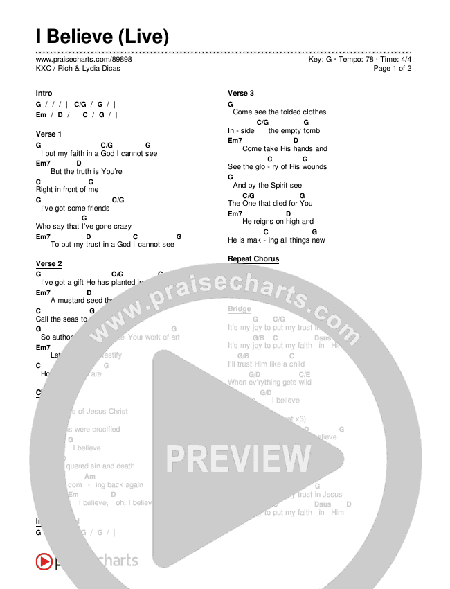 I Believe (Live) Chord Chart (KXC / Rich & Lydia Dicas)