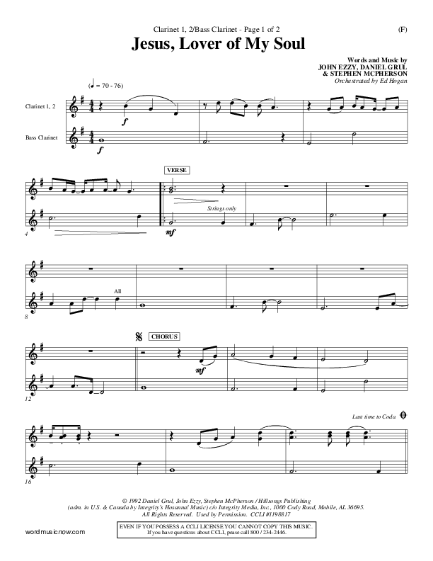 Jesus Lover Of My Soul Clarinet 1/2, Bass Clarinet (Hillsong Worship)