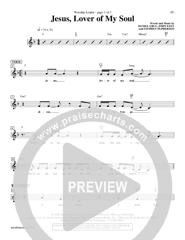 Jesus Lover Of My Soul Lead Sheet (Hillsong Worship)