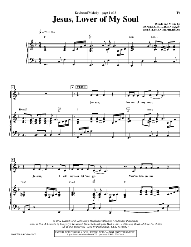 Jesus Lover Of My Soul Lead Sheet (Hillsong Worship)
