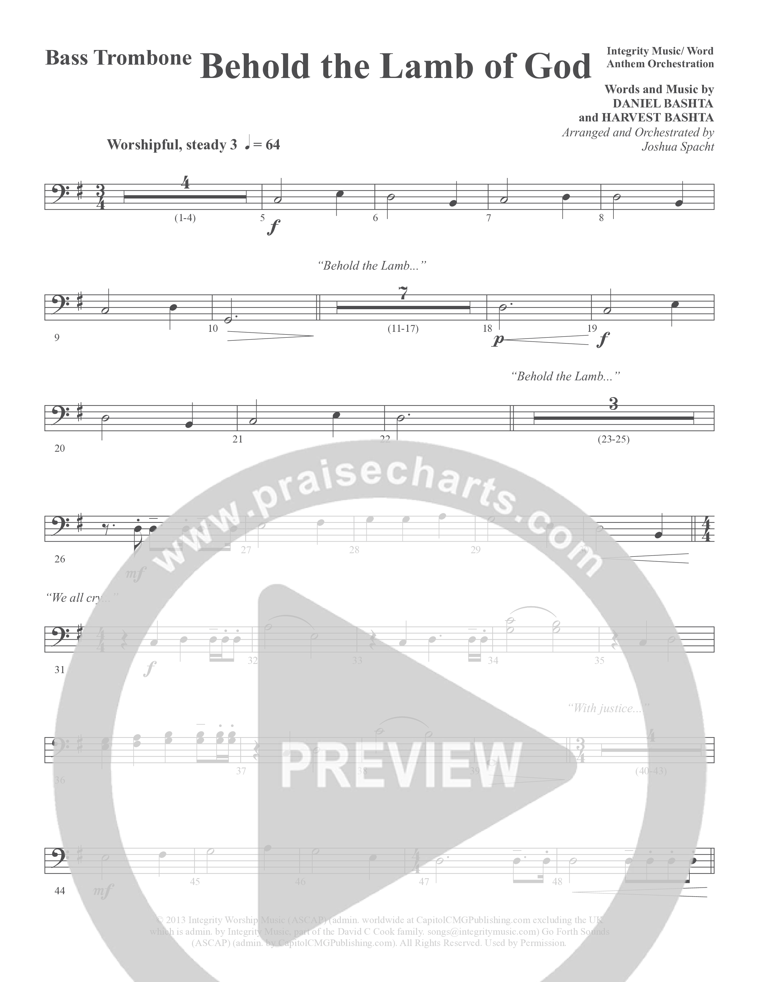 Behold the Lamb of God (Choral Anthem SATB) Bass Trombone (Word Music Choral / Arr. Joshua Spacht)