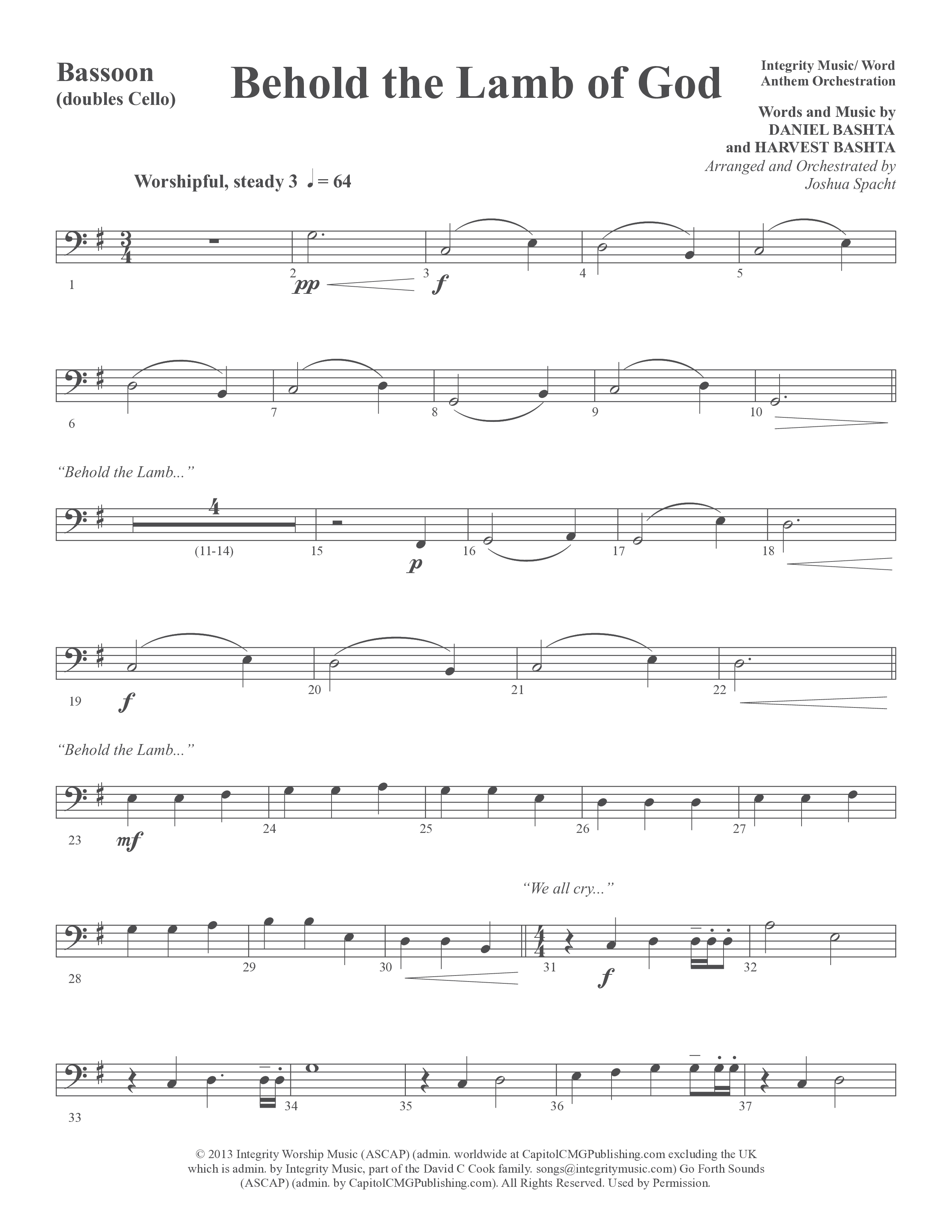 Behold the Lamb of God (Choral Anthem SATB) Bassoon (Word Music Choral / Arr. Joshua Spacht)