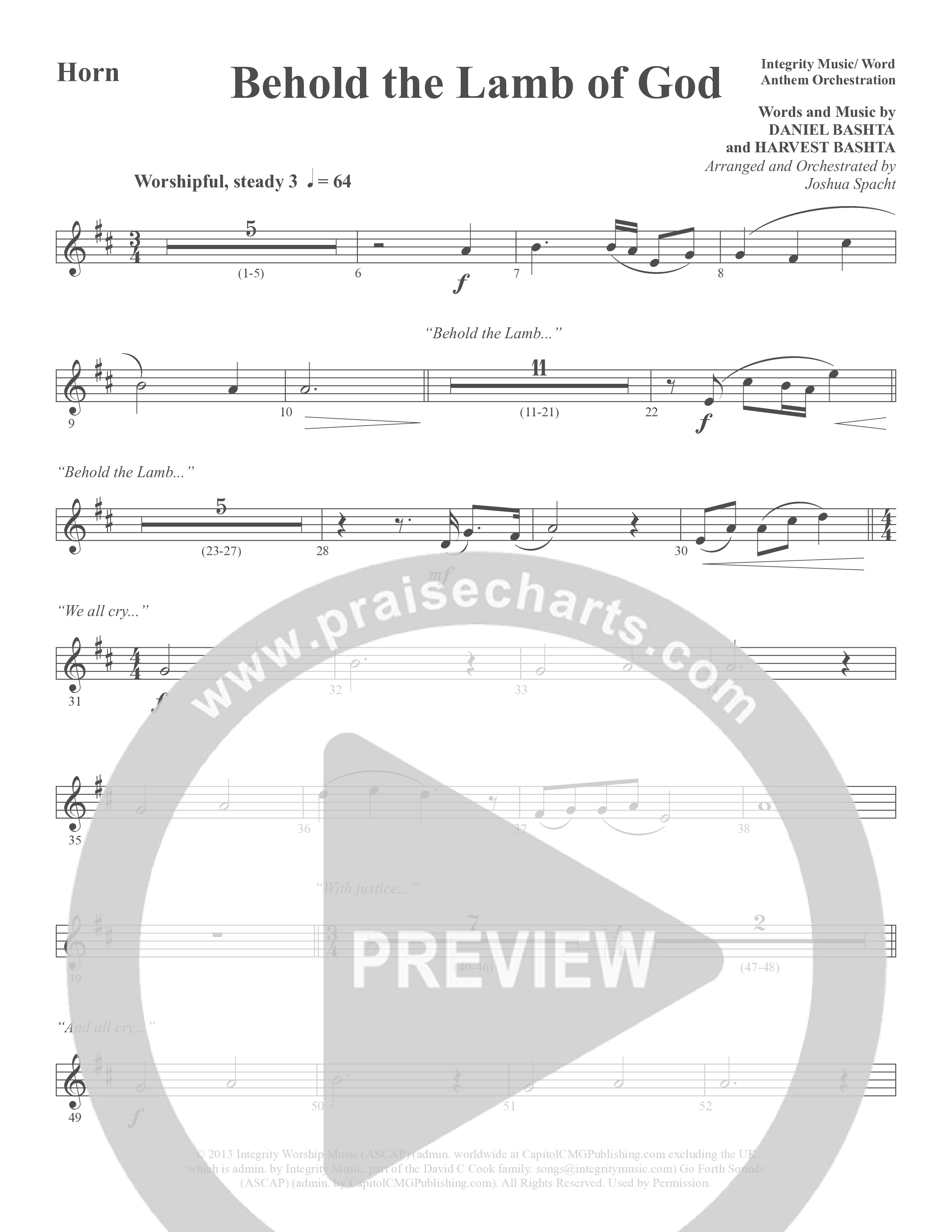 Behold the Lamb of God (Choral Anthem SATB) French Horn (Word Music Choral / Arr. Joshua Spacht)