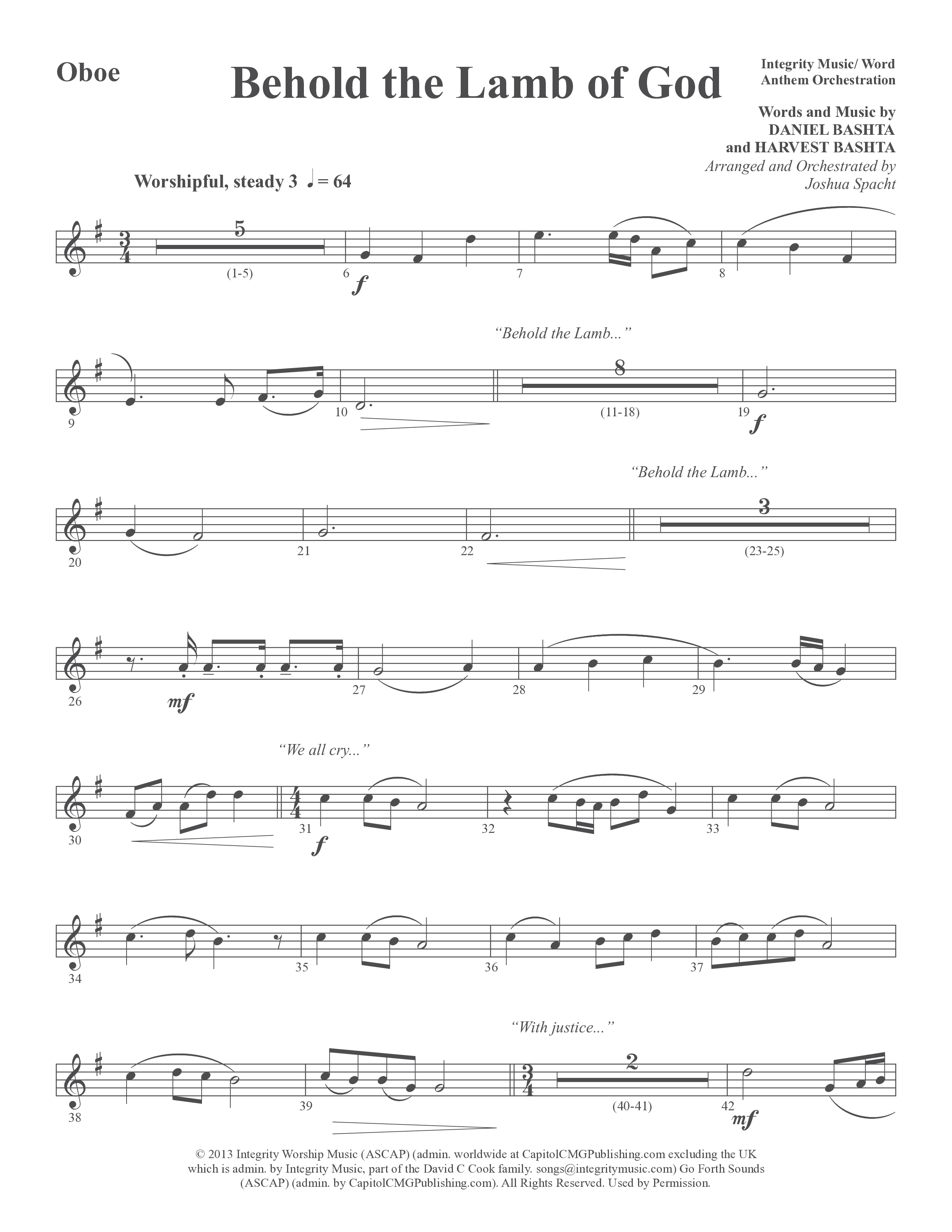 Behold the Lamb of God (Choral Anthem SATB) Oboe (Word Music Choral / Arr. Joshua Spacht)