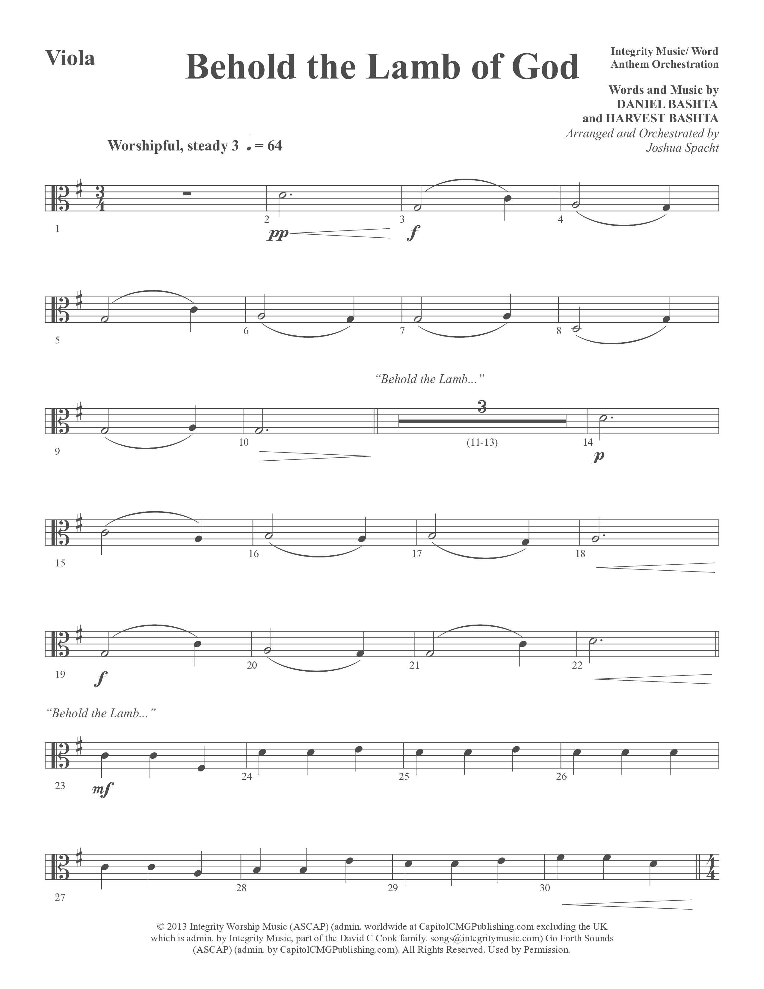 Behold the Lamb of God (Choral Anthem SATB) Viola (Word Music Choral / Arr. Joshua Spacht)
