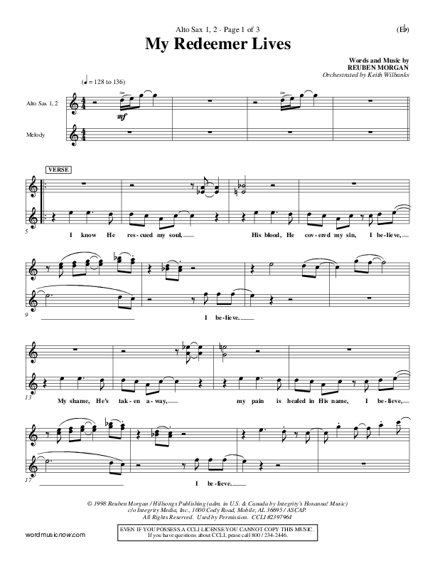 My Redeemer Lives Alto Sax 1/2 (Reuben Morgan)