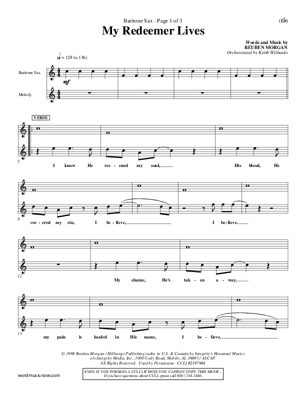 My Redeemer Lives Bari Sax (Reuben Morgan)