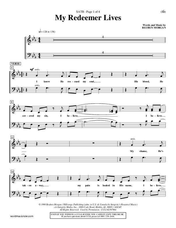 My Redeemer Lives Choir Sheet (SATB) (Reuben Morgan)