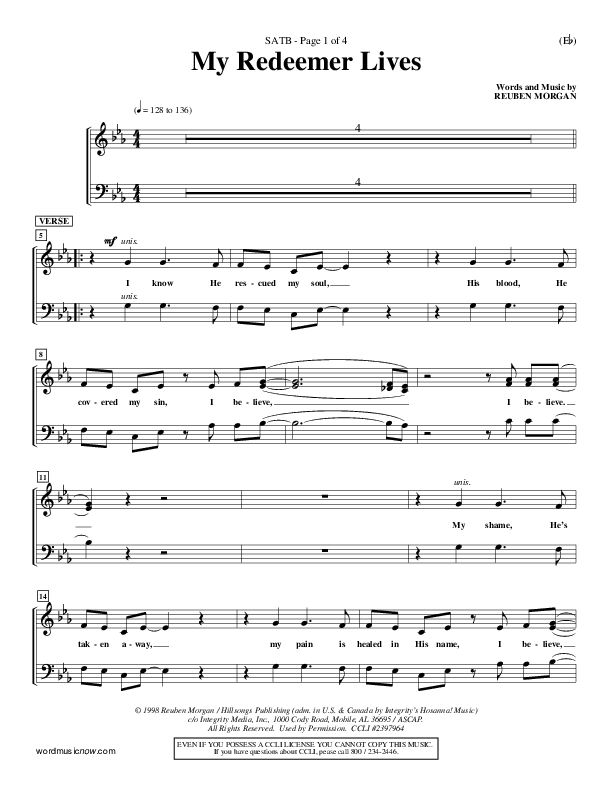 My Redeemer Lives Choir Vocals (SATB) (Reuben Morgan)