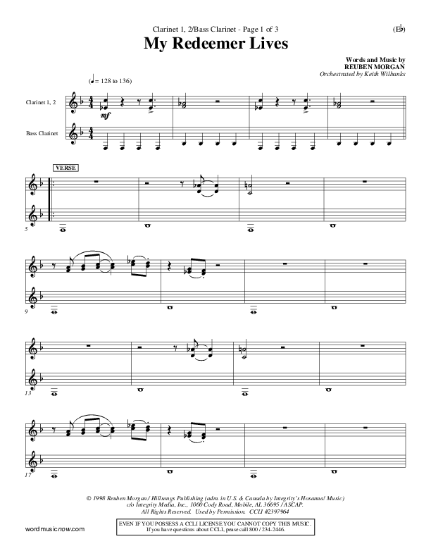 My Redeemer Lives Clarinet 1/2 (Reuben Morgan)