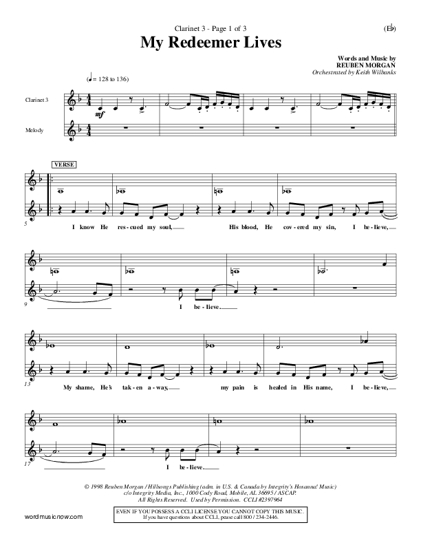 My Redeemer Lives Clarinet 3 (Reuben Morgan)