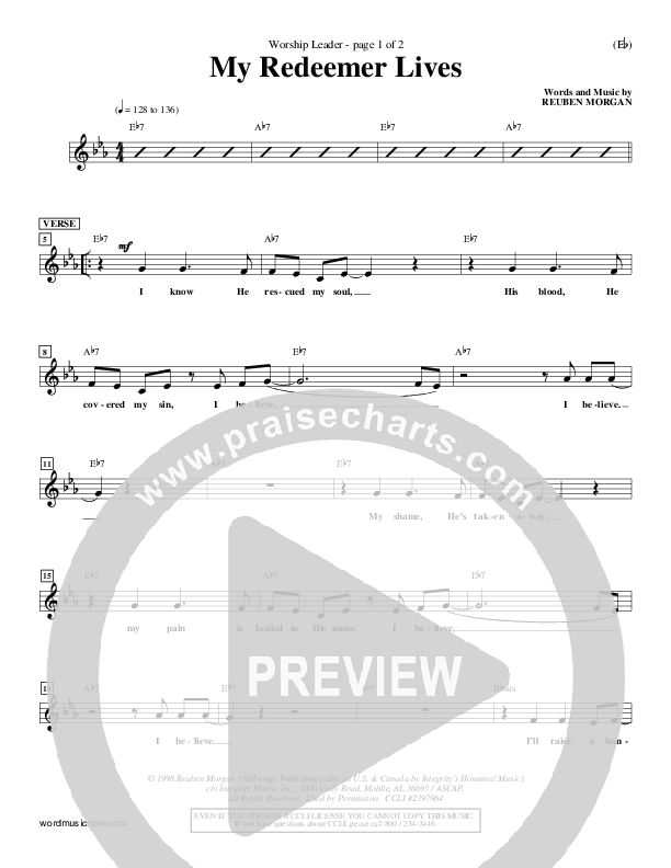 My Redeemer Lives Lead Sheet (Reuben Morgan)